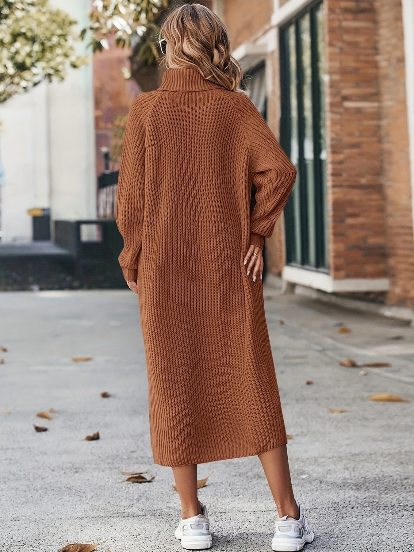 Antmvs Turtleneck Ribbed Sweater Dress, Casual Solid Long Sleeve Midi Dress, Women's Clothing