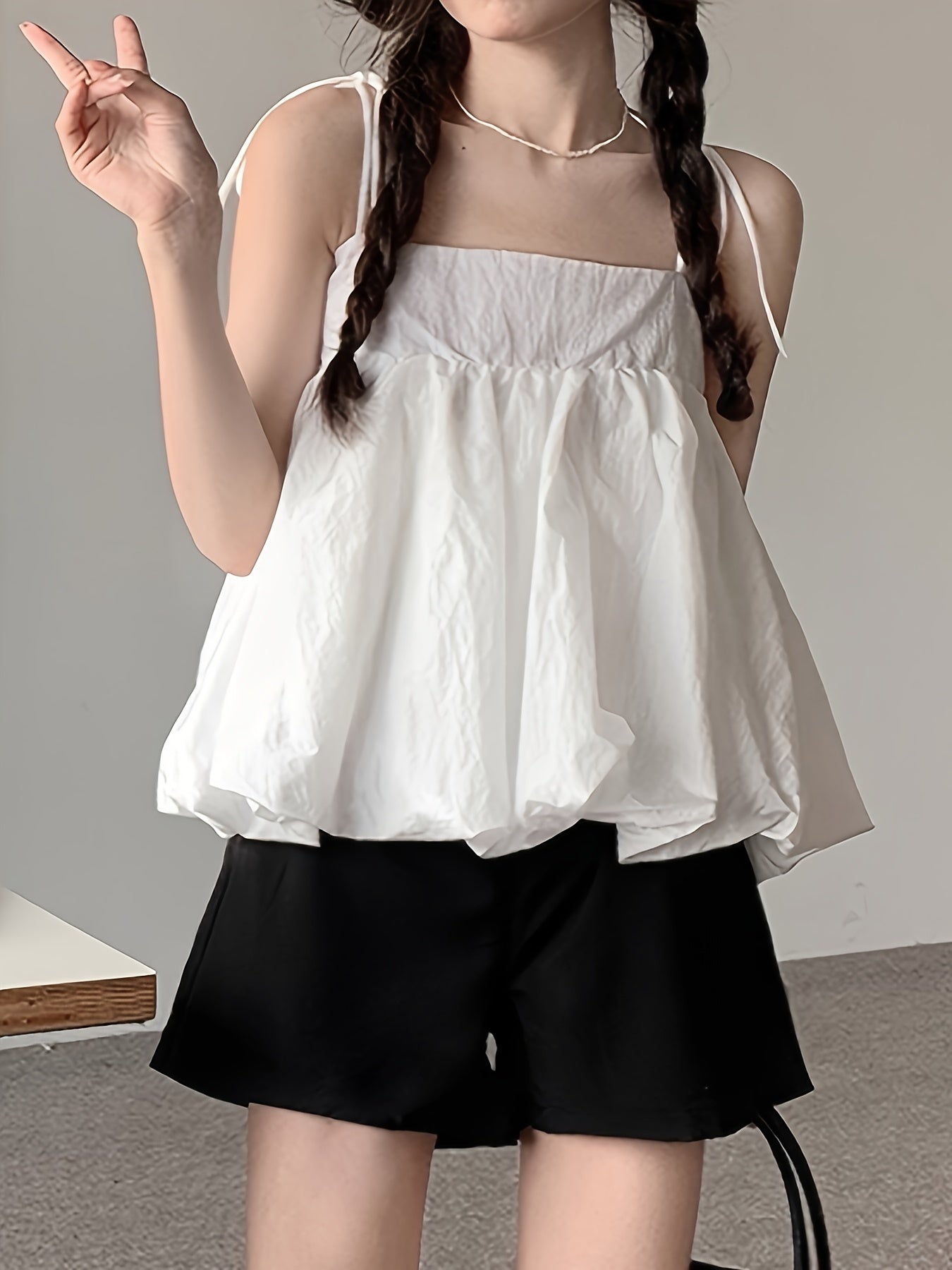 Antmvs Solid Color Knot Strap Flare Top, Casual Sleeveless Straight Neck Cami Top For Summer, Women's Clothing
