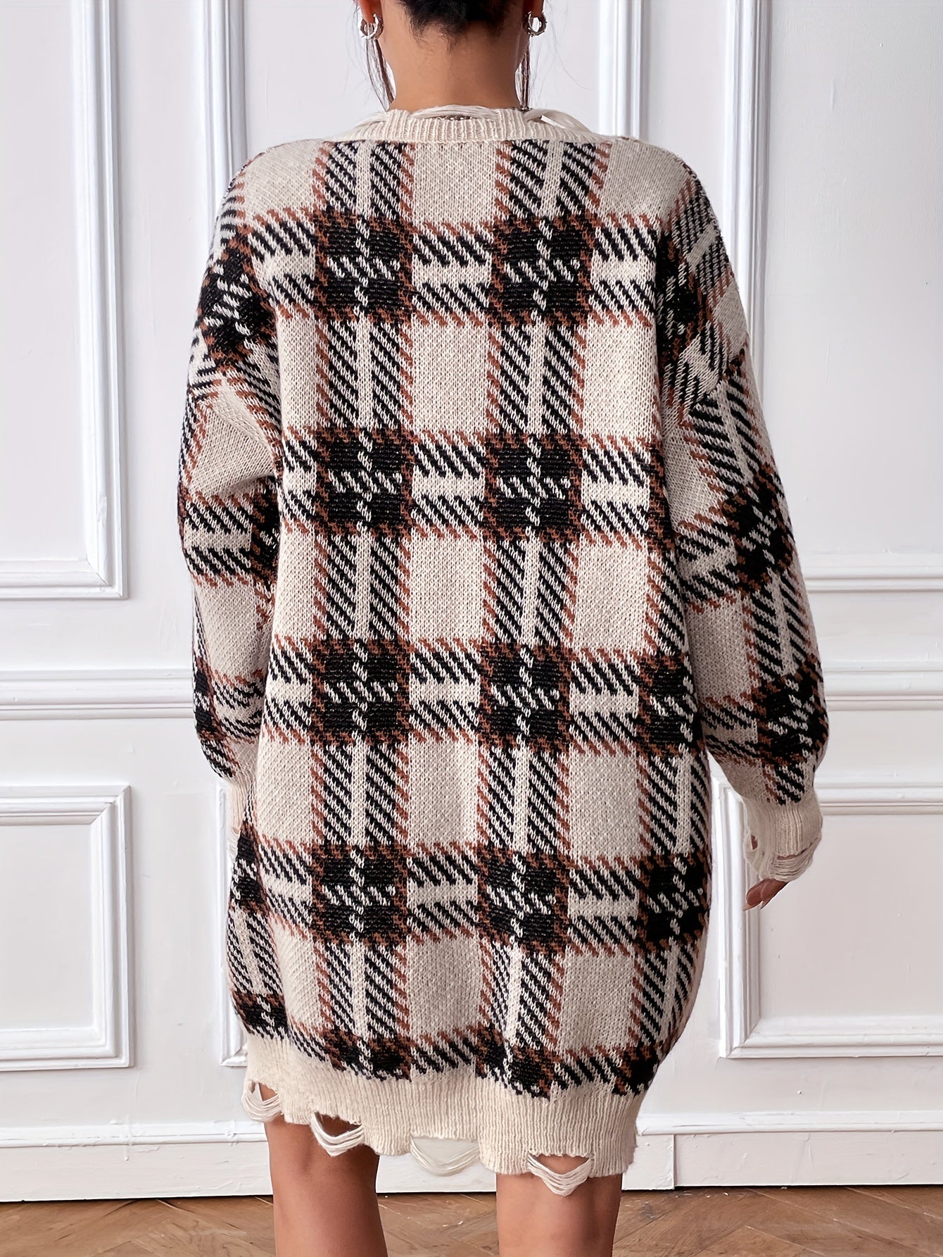 Antmvs Plaid Pattern V-neck Dress, Vintage Long Sleeve Ripped Dress For Spring & Fall, Women's Clothing