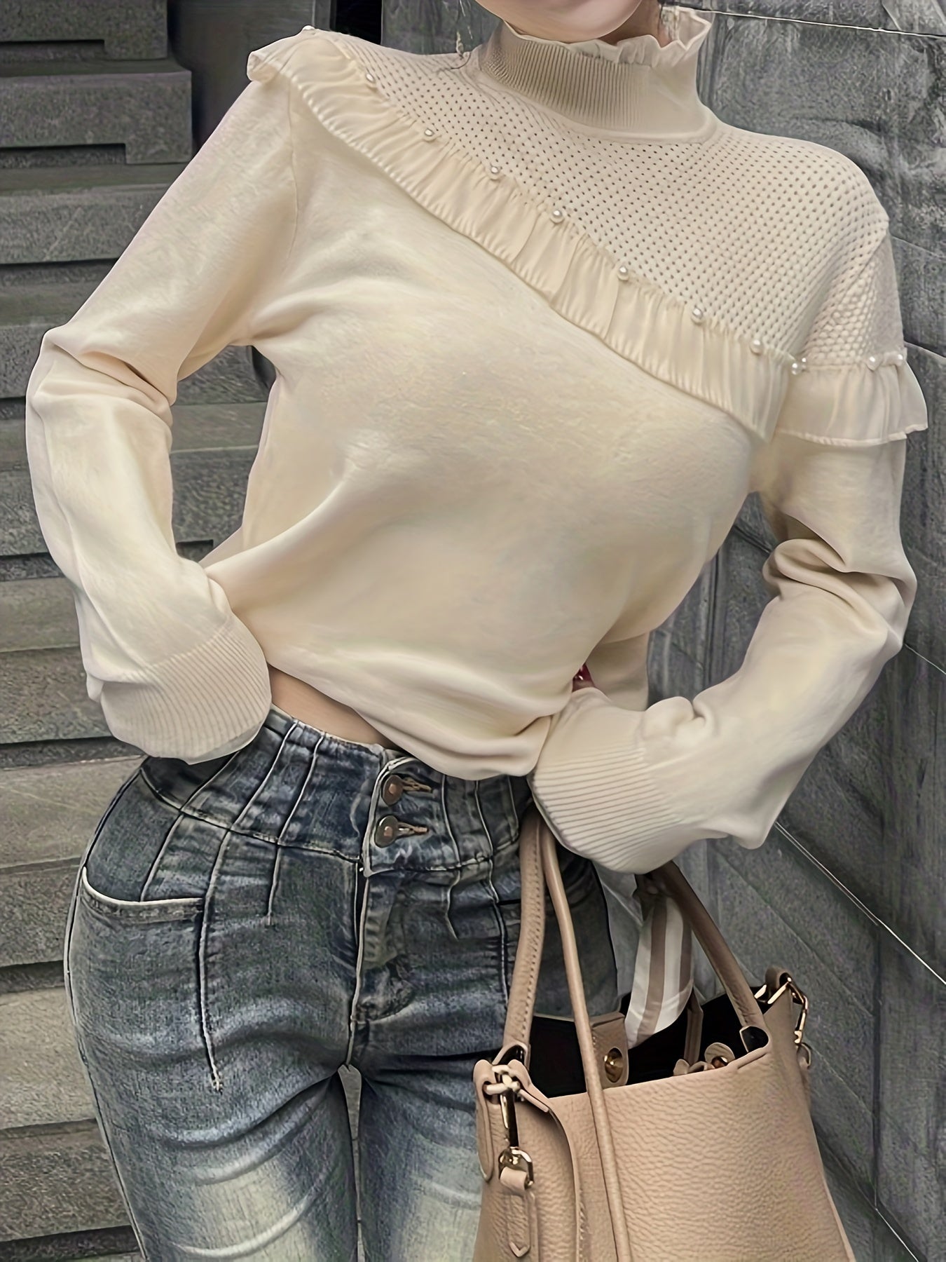 Antmvs Beaded Lace Trim Turtle Neck Knitted Top, Elegant Long Sleeve Slim Sweater For Spring & Fall, Women's Clothing
