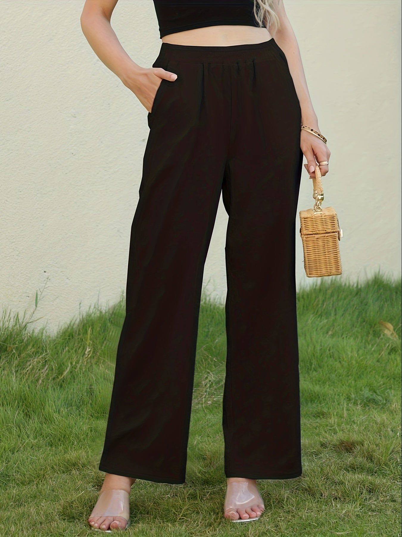 Antmvs Solid Wide Leg Elastic Waist Pants, Casual Dual Pockets Loose Pants, Women's Clothing