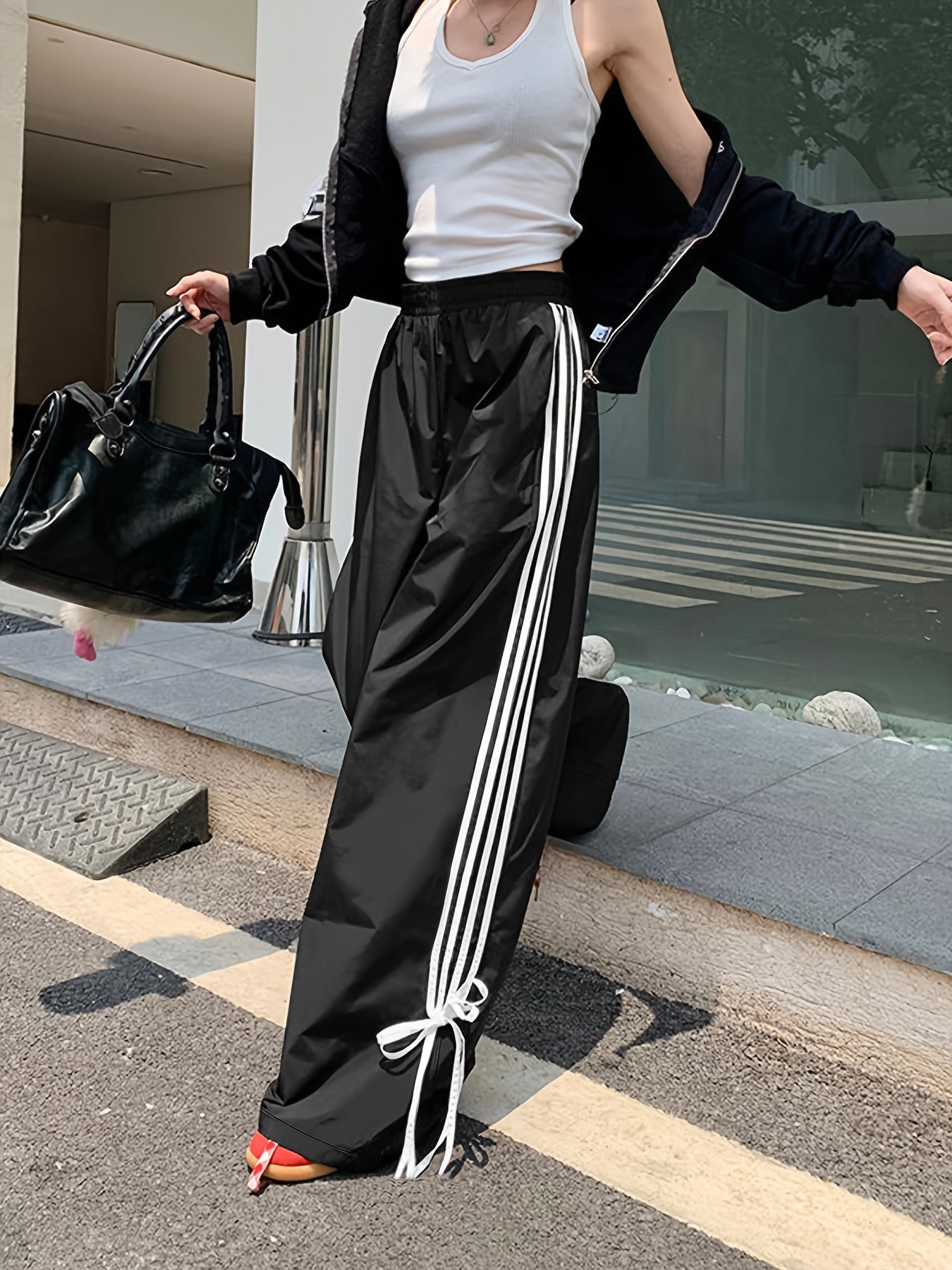 Antmvs Striped Print Loose Pants, Casual Bow Decor Pants For Spring & Fall, Women's Clothing