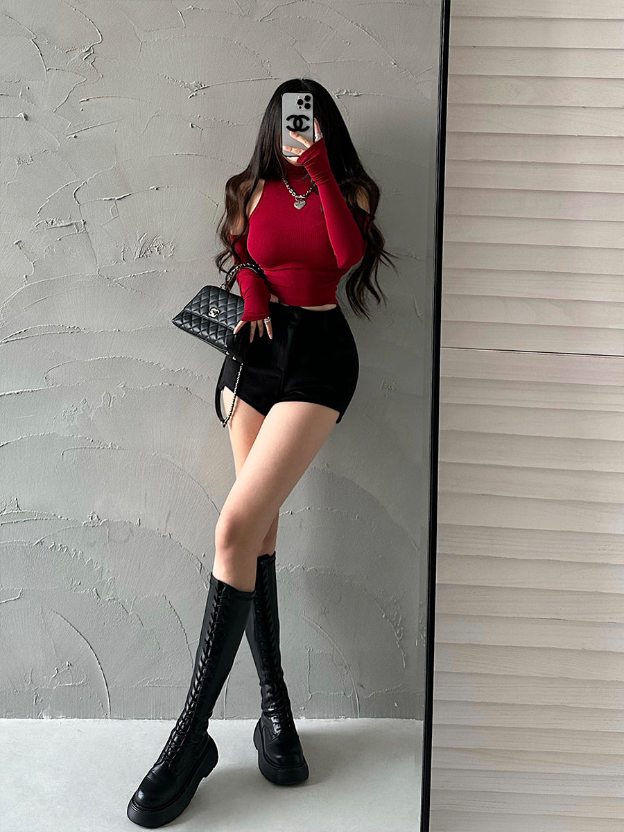 Antmvs Hyolin Solid Color Sleeveless Turtleneck Gloved Slim Ruched Top