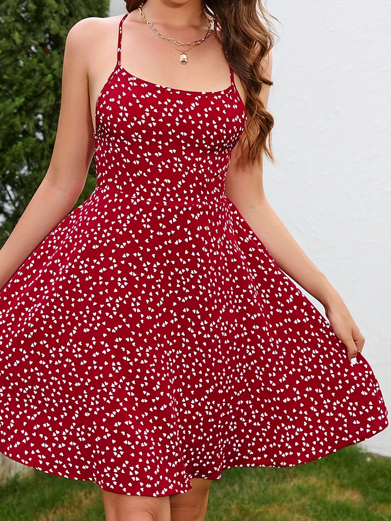 Antmvs Heart Print A-line Spaghetti Dress, Sexy Backless Cami Dress, Women's Clothing
