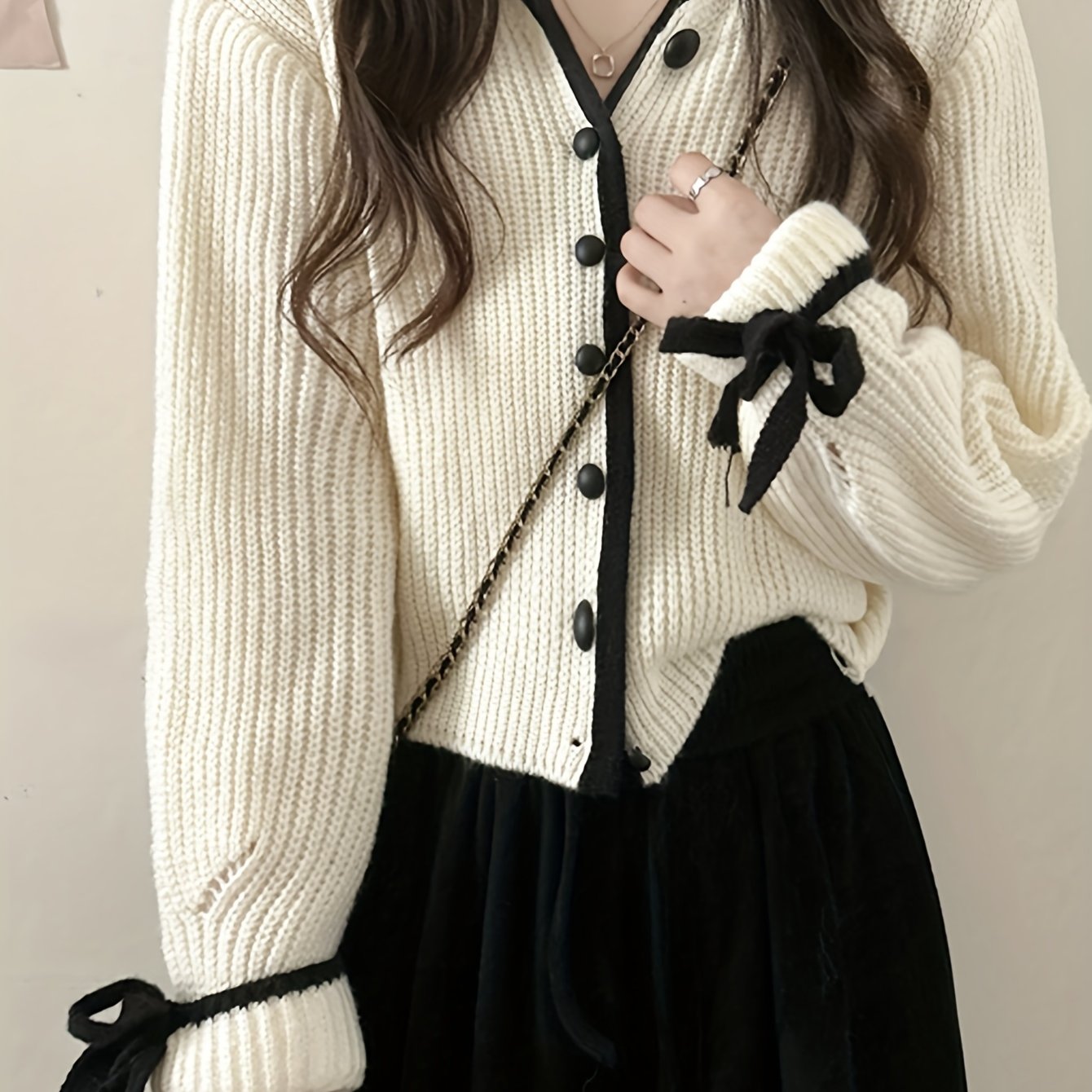 Antmvs Lace Up Button Down Knit Cardigan, Casual V Neck Long Sleeve Fashion Sweater, Women's Clothing