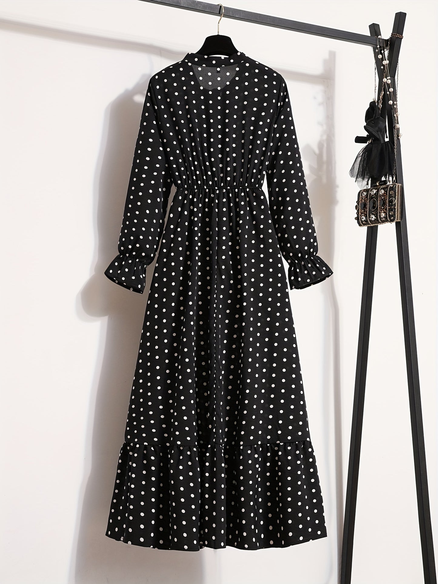 Antmvs Pin Dot Print Dress, Vintage Tie Neck Long Sleeve A Line Dress, Women's Clothing