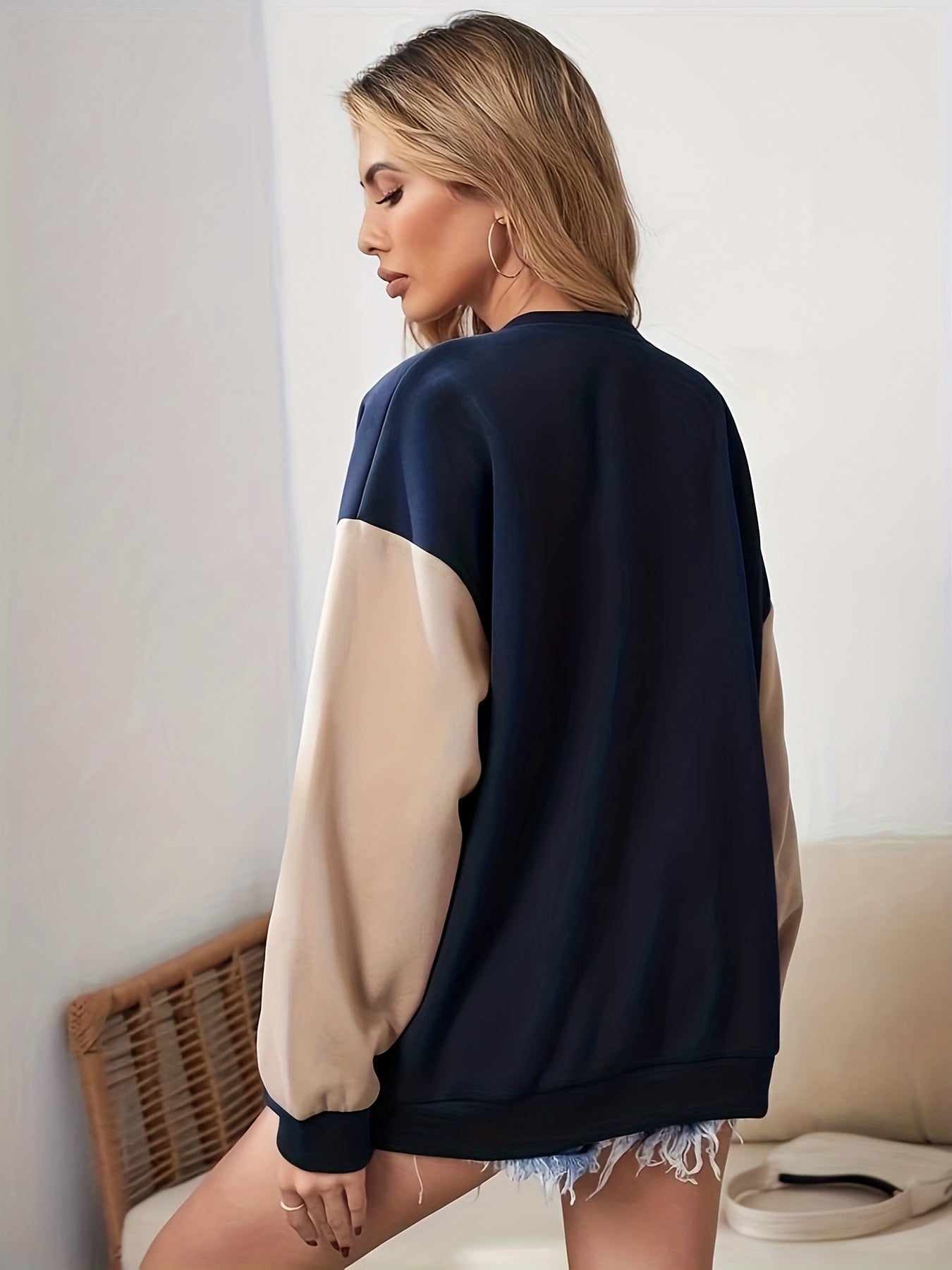 Antmvs Letter Pattern Button Front Jacket, Casual Long Sleeve Color Block Jacket For Fall & Winter, Women's Clothing