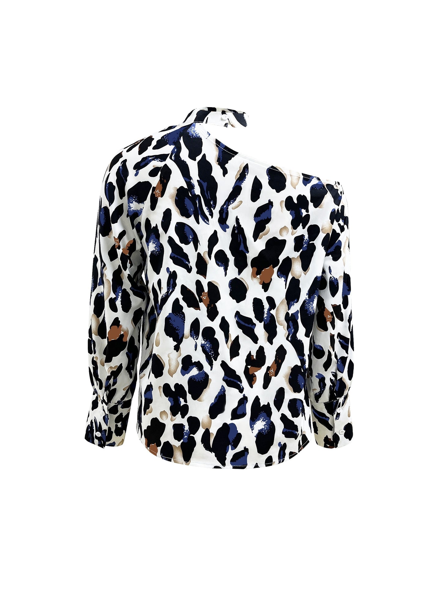 Antmvs Leopard Print Halter Neck Blouse, Casual Cold Shoulder Long Sleeve Blouse For Spring & Fall, Women's Clothing