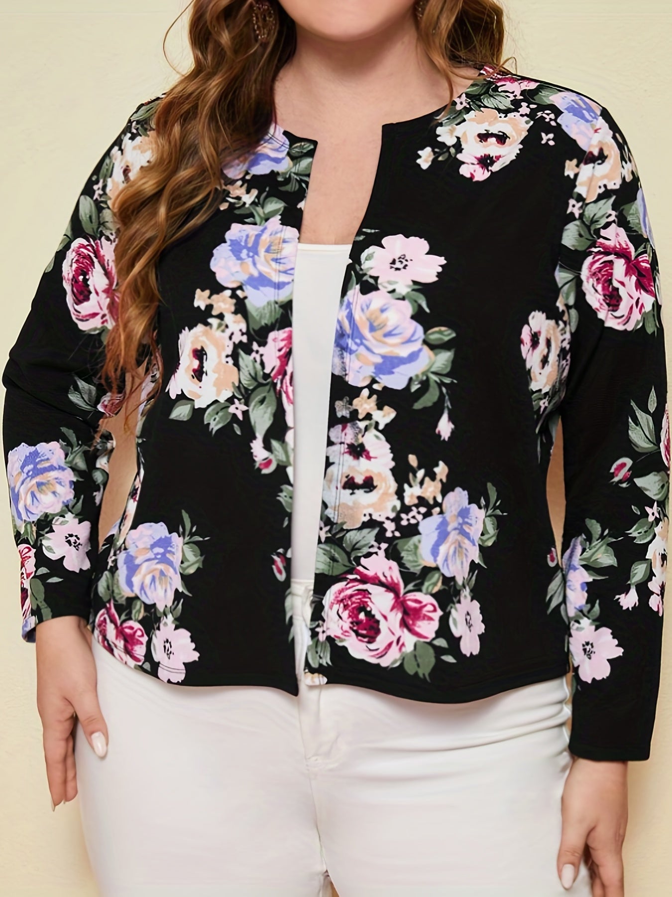 Antmvs Plus Size Casual Coat, Women's Plus Floral Print Long Sleeve Open Front Jacquard Coat