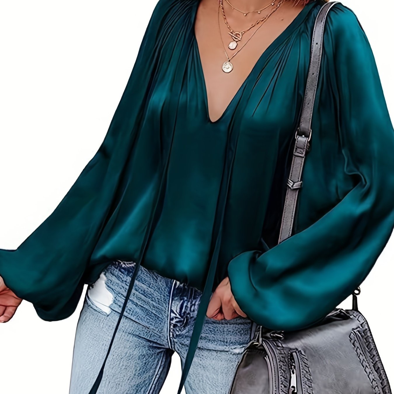 Antmvs Lantern Long Sleeve Satin Blouse, Elegant V Neck Tops For Spring & Summer, Women's Clothing