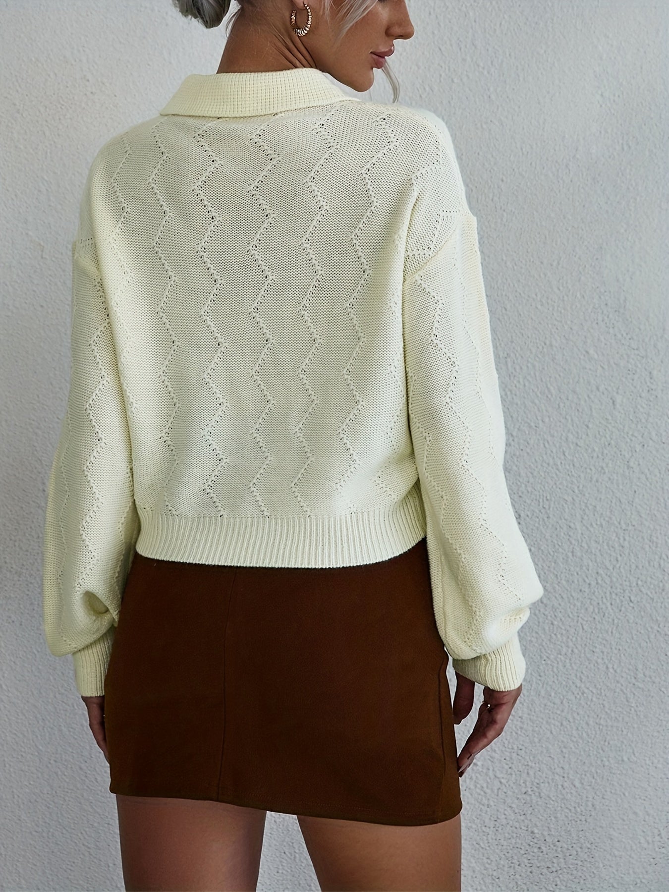 Antmvs Solid Polo Collar Pullover Sweater, Casual Long Sleeve Sweater For Spring & Fall, Women's Clothing
