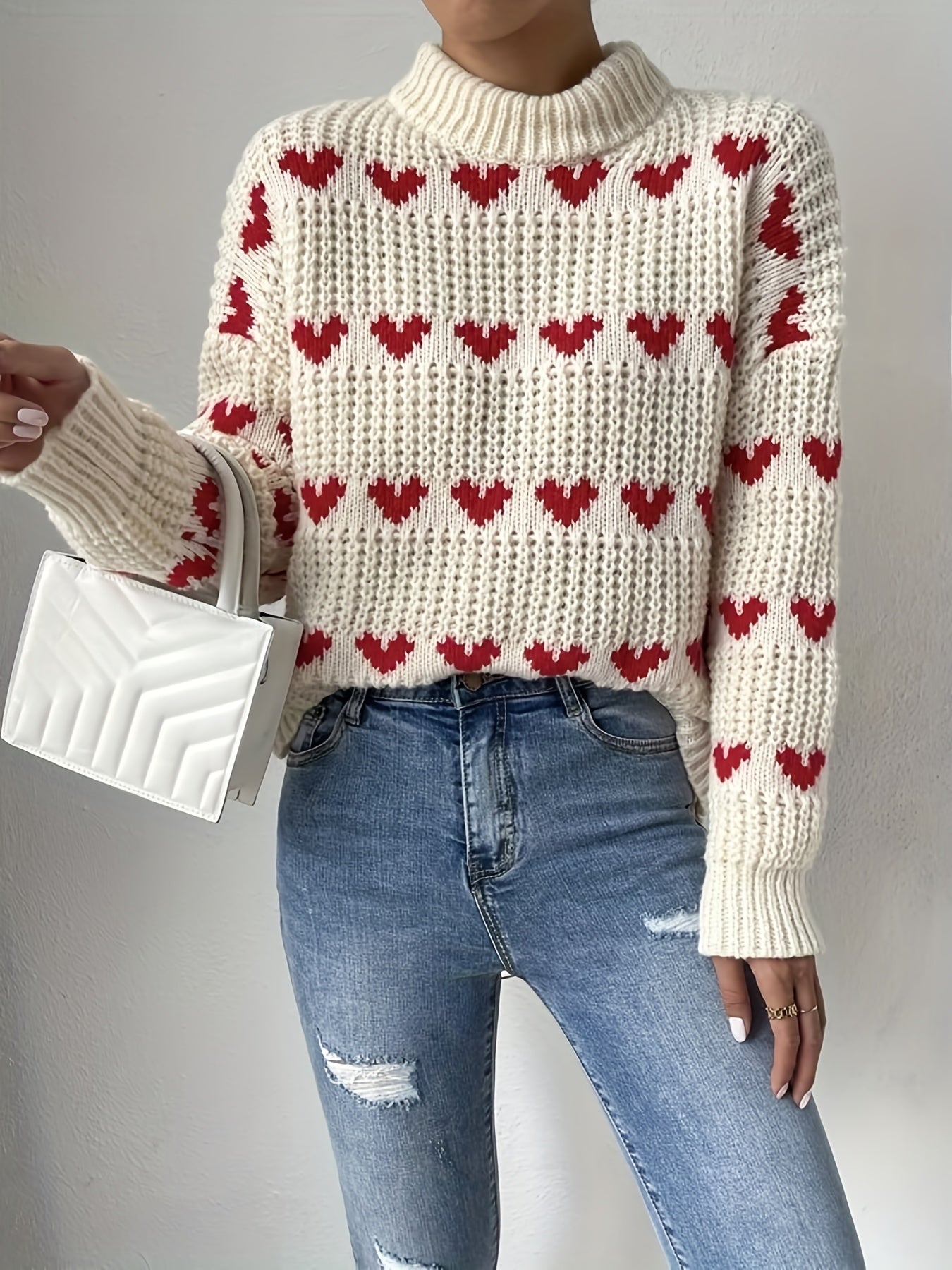 Antmvs Heart Pattern Turtle Neck Pullover Sweater, Casual Long Sleeve Sweater For Fall & Winter, Women's Clothing