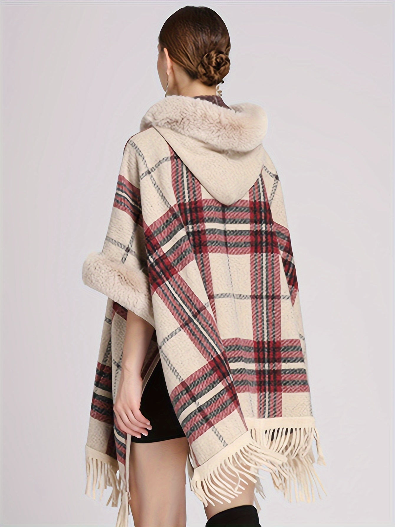 Antmvs Fuzzy Trim Plaid Cape Cardigan, Elegant Tassel Open Front Shawl Tops, Women's Clothing