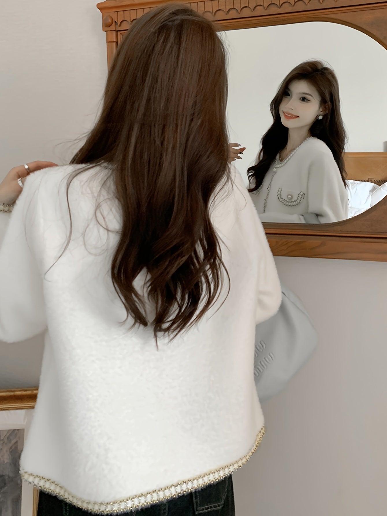 Antmvs Contrast Trim Button Down Knit Cardigan, Elegant Long Sleeve Cozy Sweater, Women's Clothing