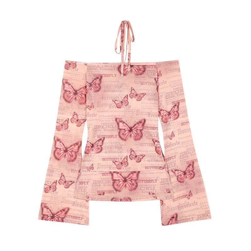 Antmvs Maribella Pink Butterfly Print Long Bell Sleeve Off-the-Shoulder Slim Cropped Top