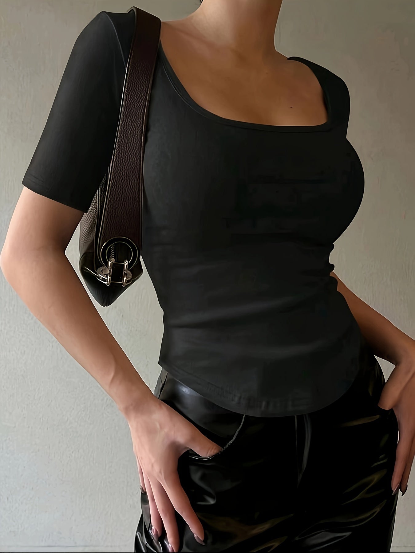 Antmvs Solid Slim Curved Hem T-Shirt, Casual Short Sleeve Top For Spring & Summer, Women's Clothing