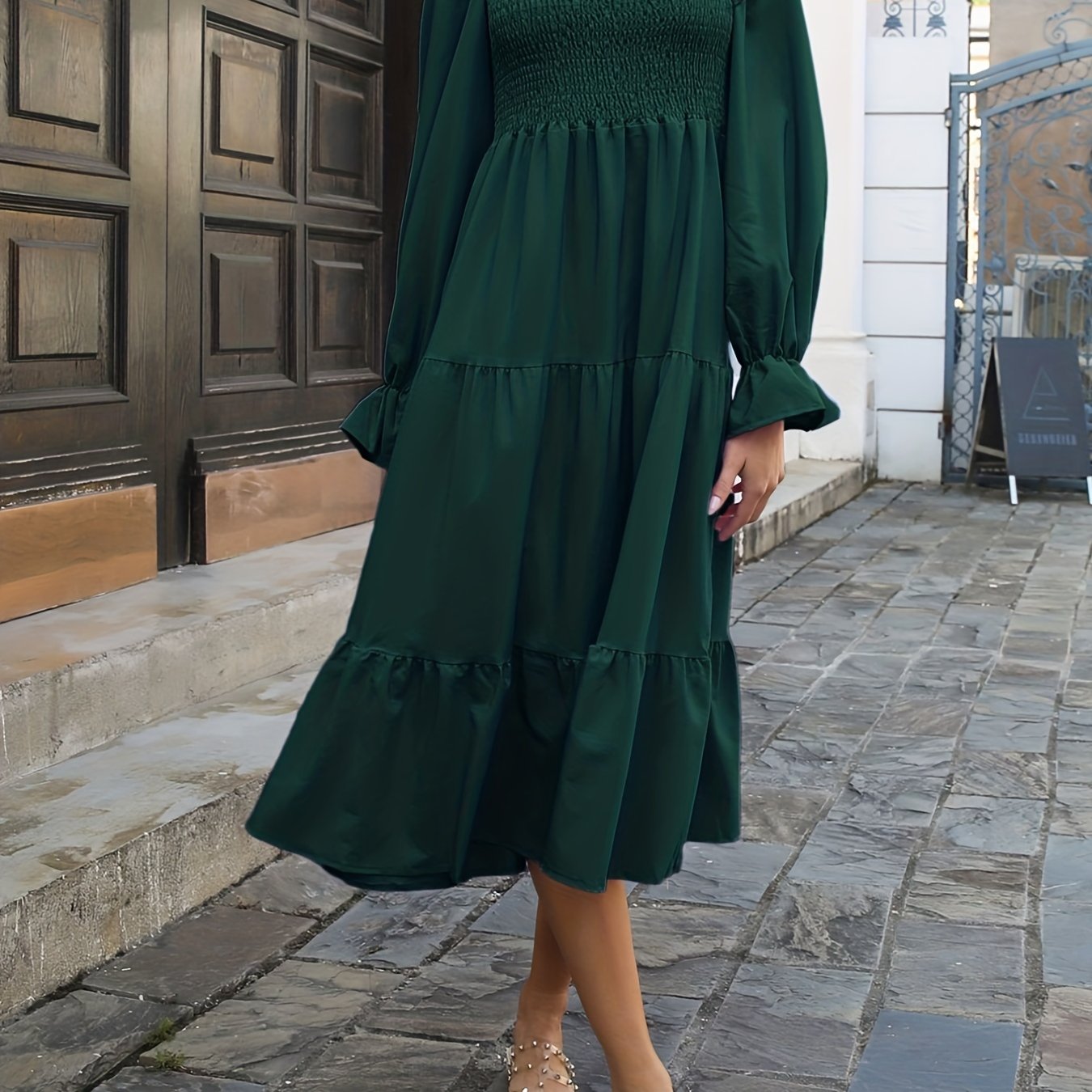 Antmvs Solid Ruffle Trim Dress, Casual Squared Neck Shirred Long Sleeve Dress, Women's Clothing