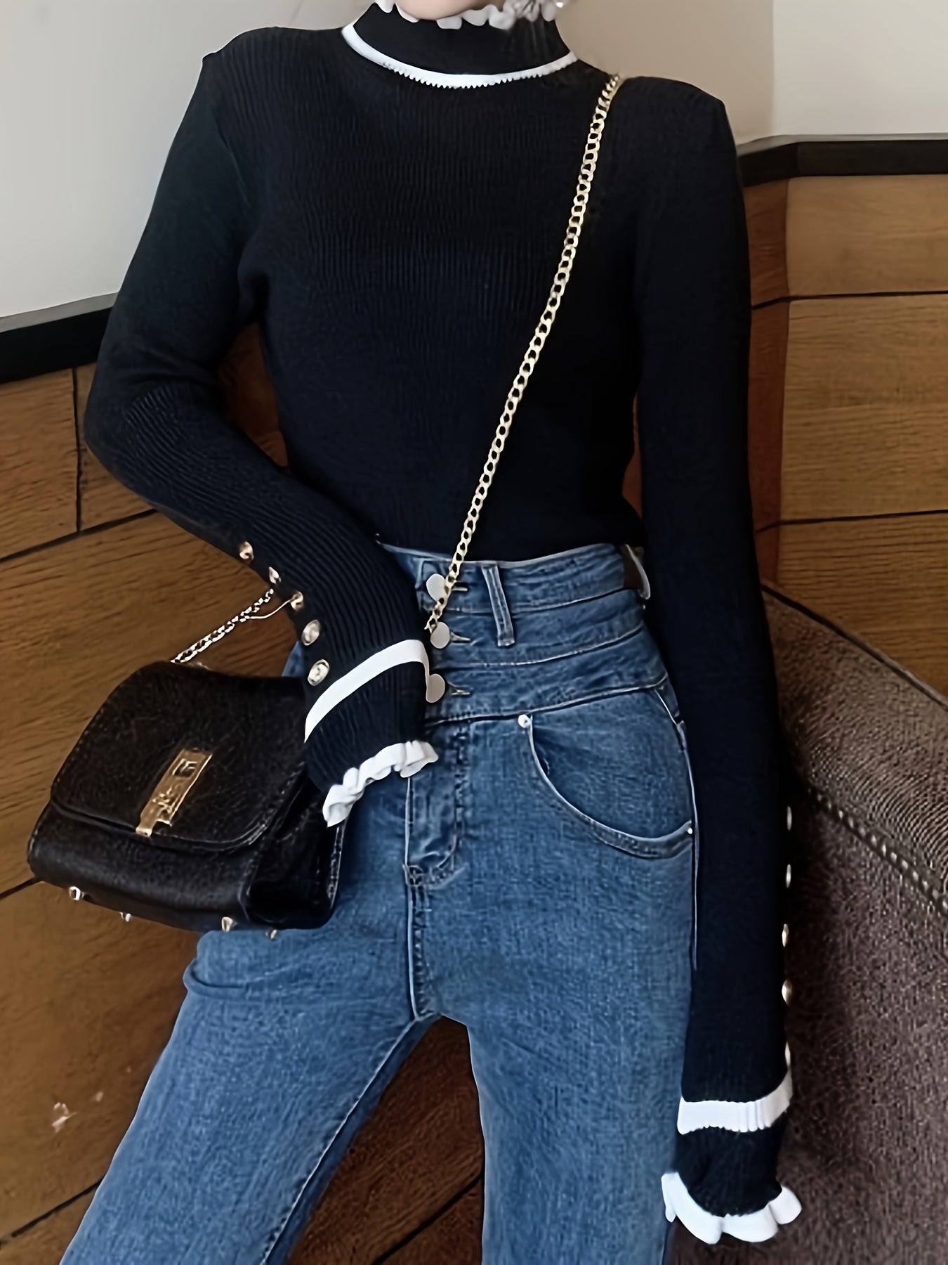 Antmvs Lettuce Trim Turtle Neck Pullover Sweater, Elegant Button Long Sleeve Slim Sweater, Women's Clothing