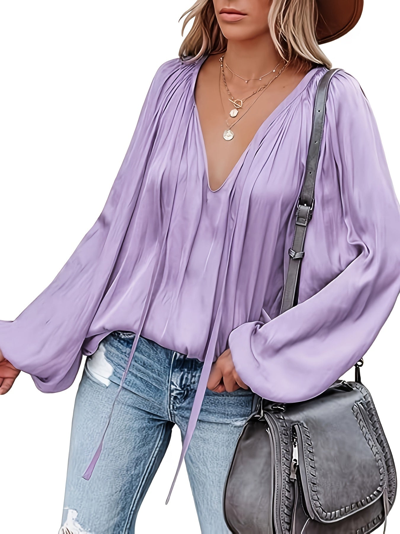 Antmvs Lantern Long Sleeve Satin Blouse, Elegant V Neck Tops For Spring & Summer, Women's Clothing