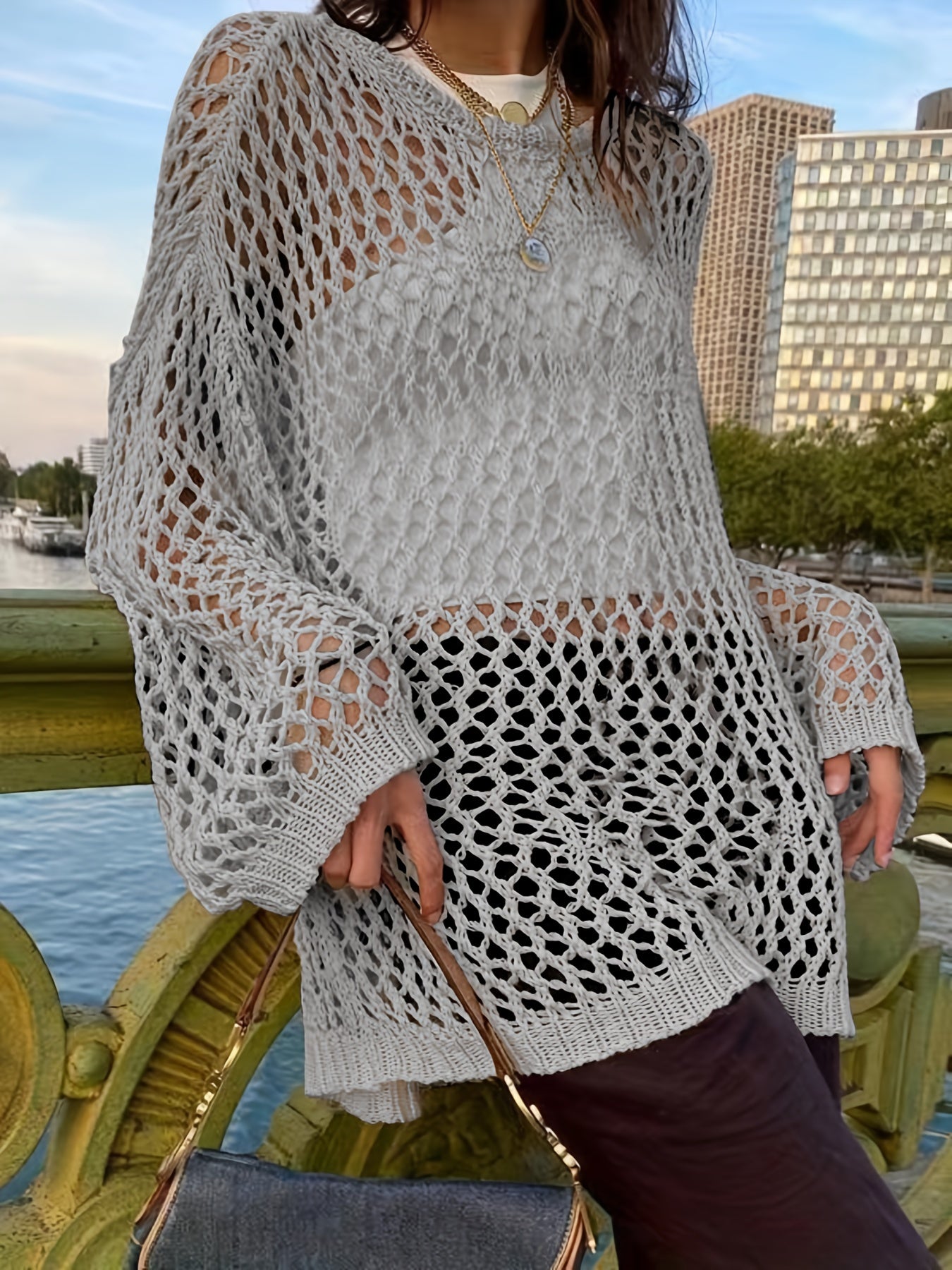 Antmvs Crochet Cut Out Cover Up Top, Y2K Long Sleeve Crew Neck Top, Women's Clothing