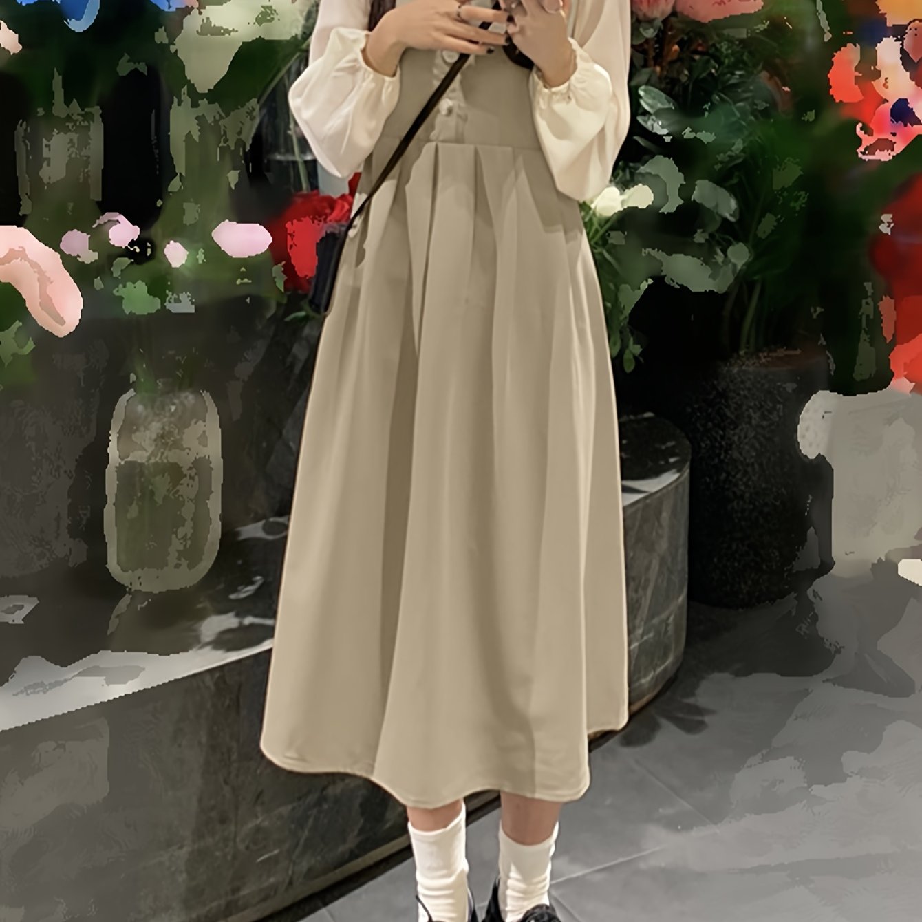 Antmvs Color Block Ruffle Trim Splicing Dress, Vintage Single Breasted Long Sleeve Dress For Spring & Fall, Women's Clothing