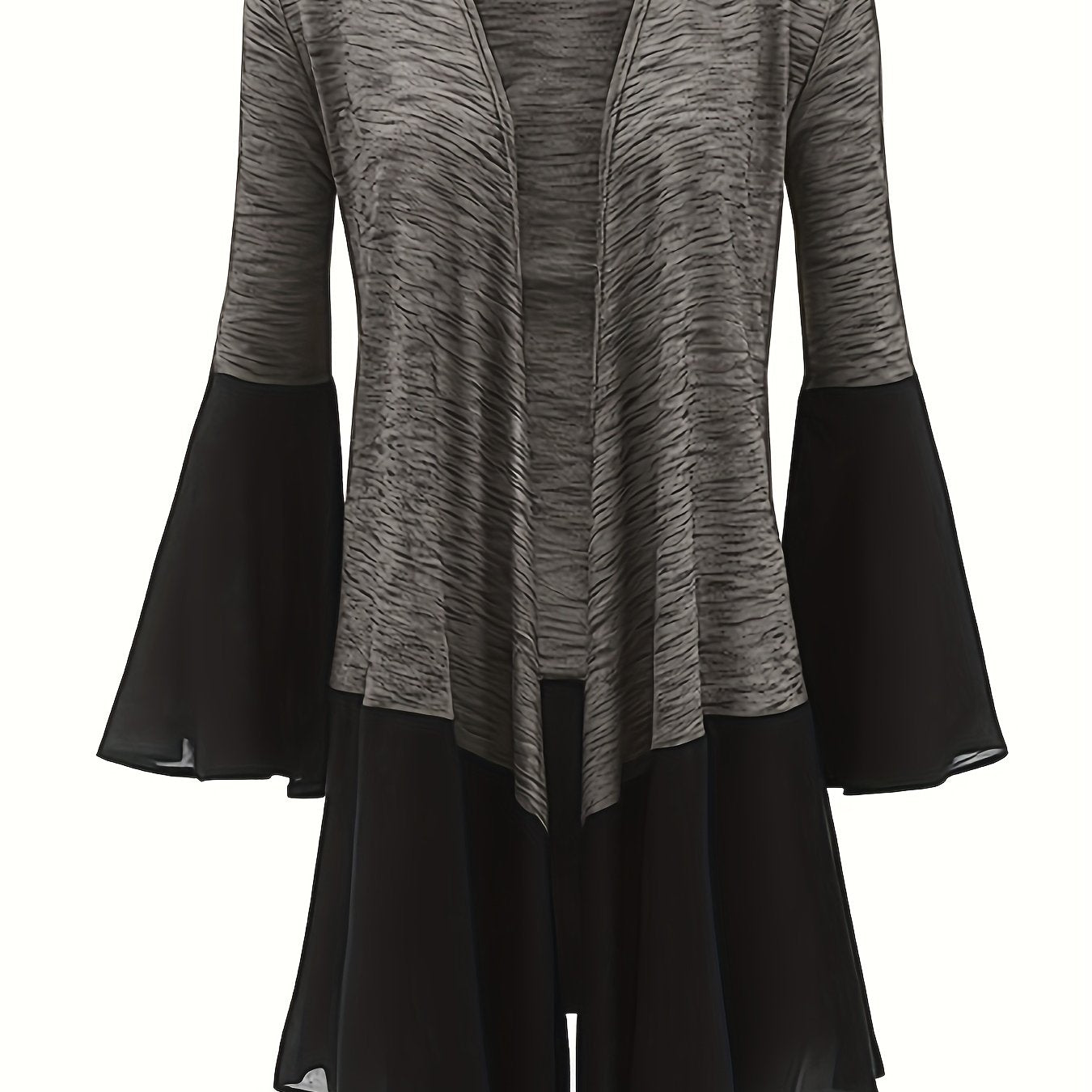 Antmvs Plus Size Elegant Overcoat, Women's Plus Contrast Mesh Bell Sleeve Open Front Slight Stretch Asymmetric Hem Cardigan