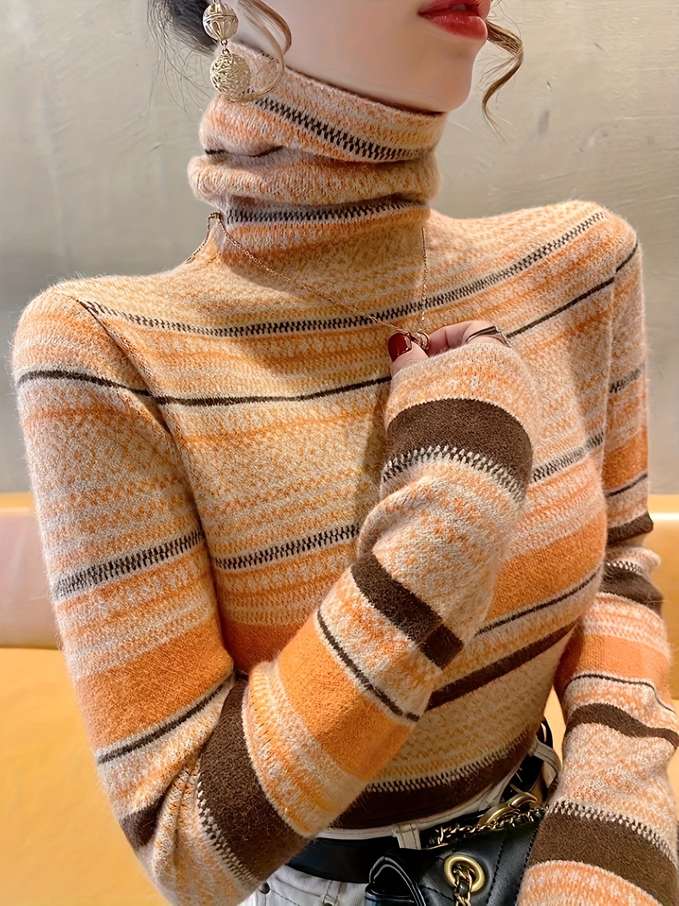 Antmvs Stripes Print Turtle Neck Pullover Sweater, Elegant Long Sleeve Knitted Sweater For Fall & Winter, Women's Clothing