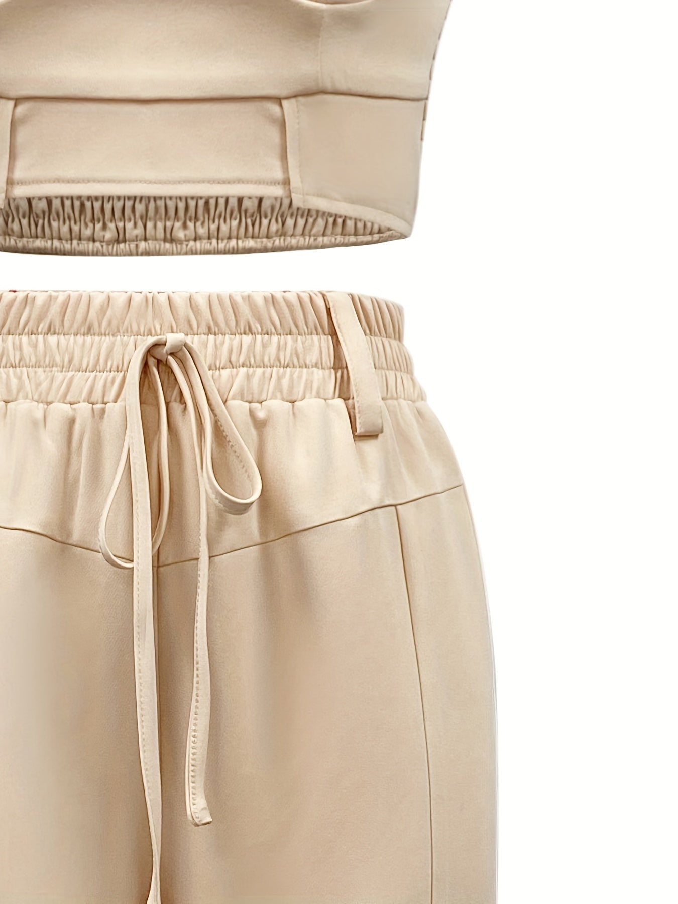 Antmvs Solid Casual Two-piece Set, Spaghetti Cropped Shirred Vest & High Waist Drawstring Pants Outfits, Women's Clothing