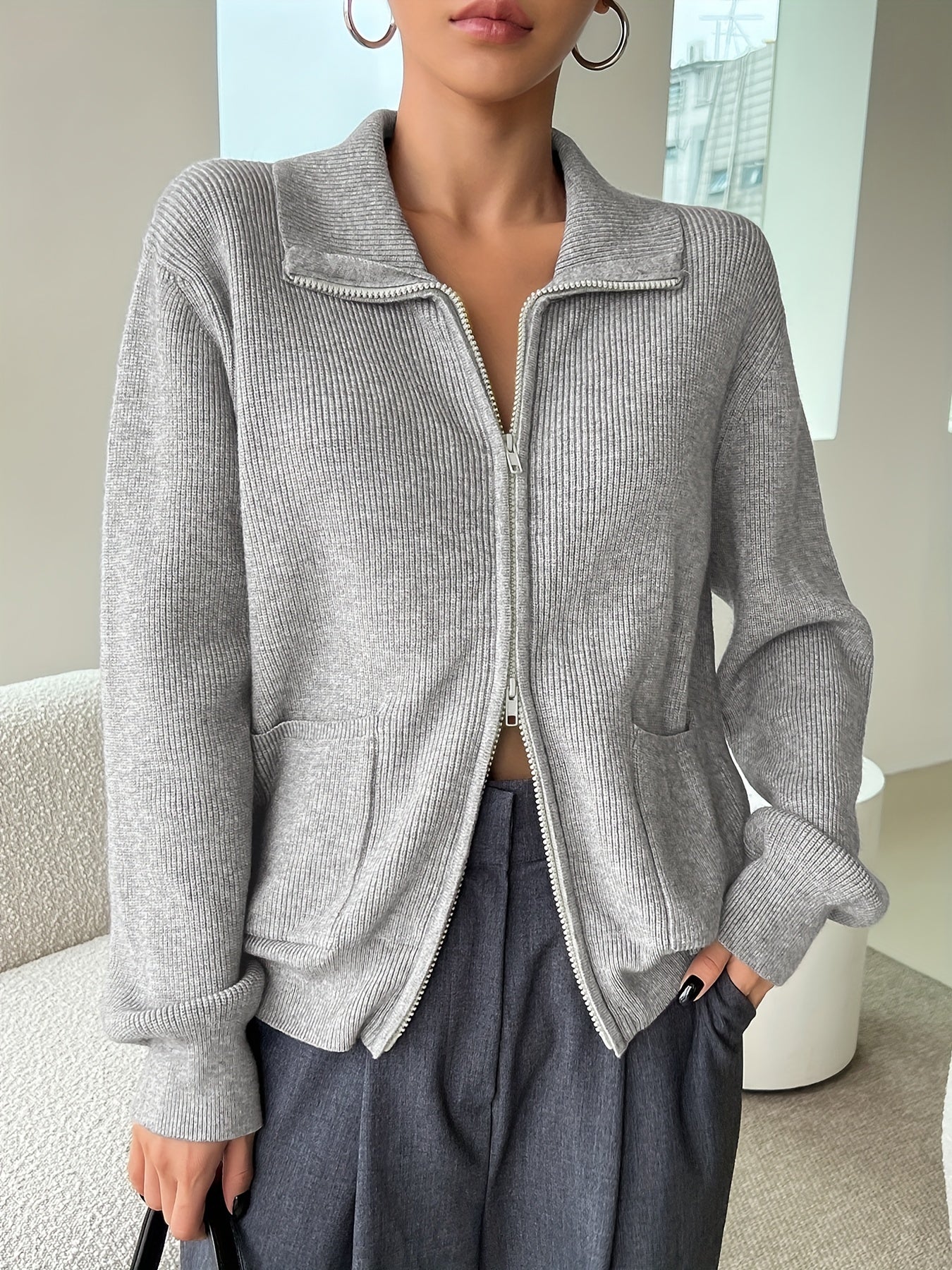 Antmvs Y2K Solid Zip Up Cardigan, Turndown Collar Long Sleeve Sweater For Fall & Winter, Women's Clothing