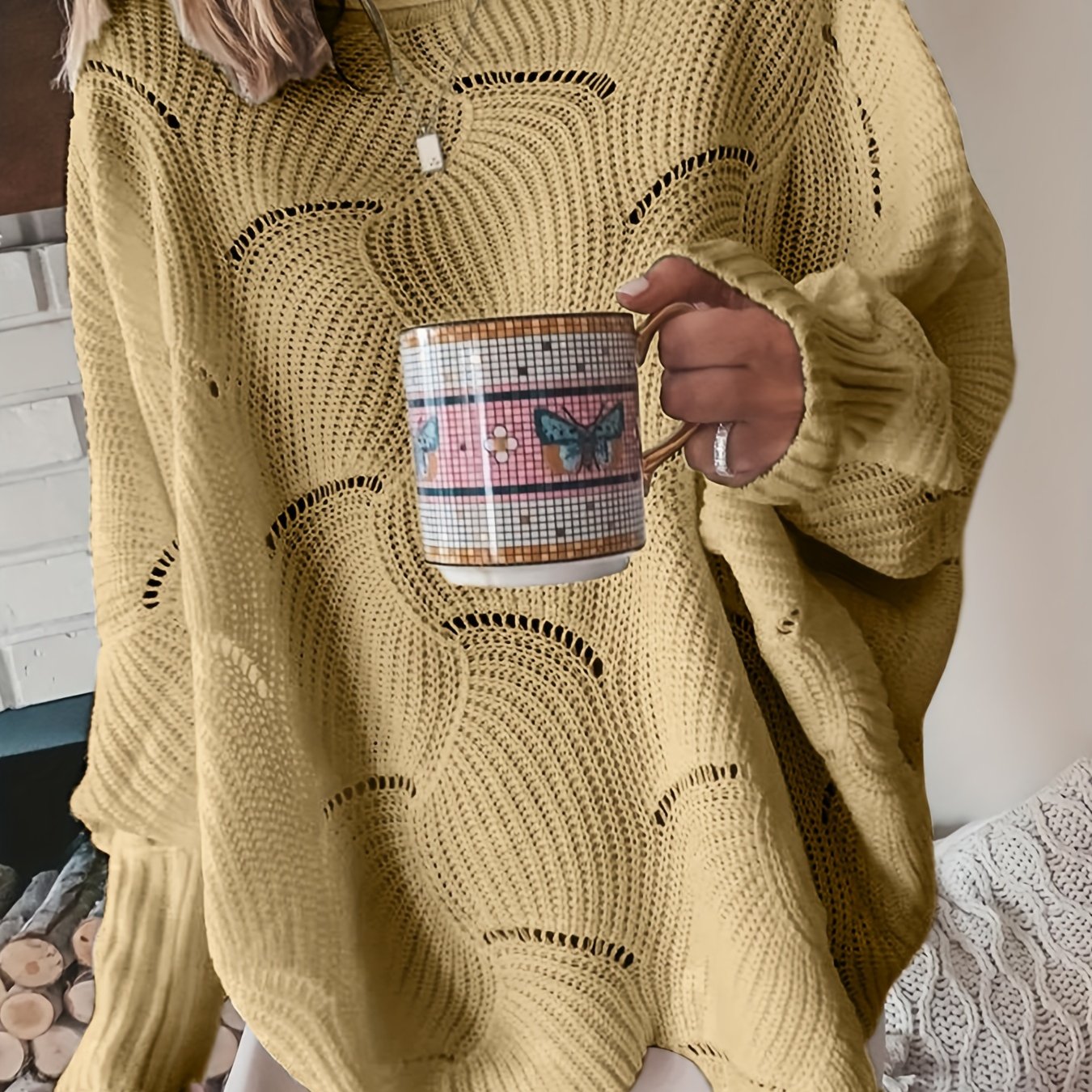 Antmvs Solid Cutout Irregular Hem Knit Sweater, Casual Crew Neck Long Sleeve Pullover Sweater, Women's Clothing