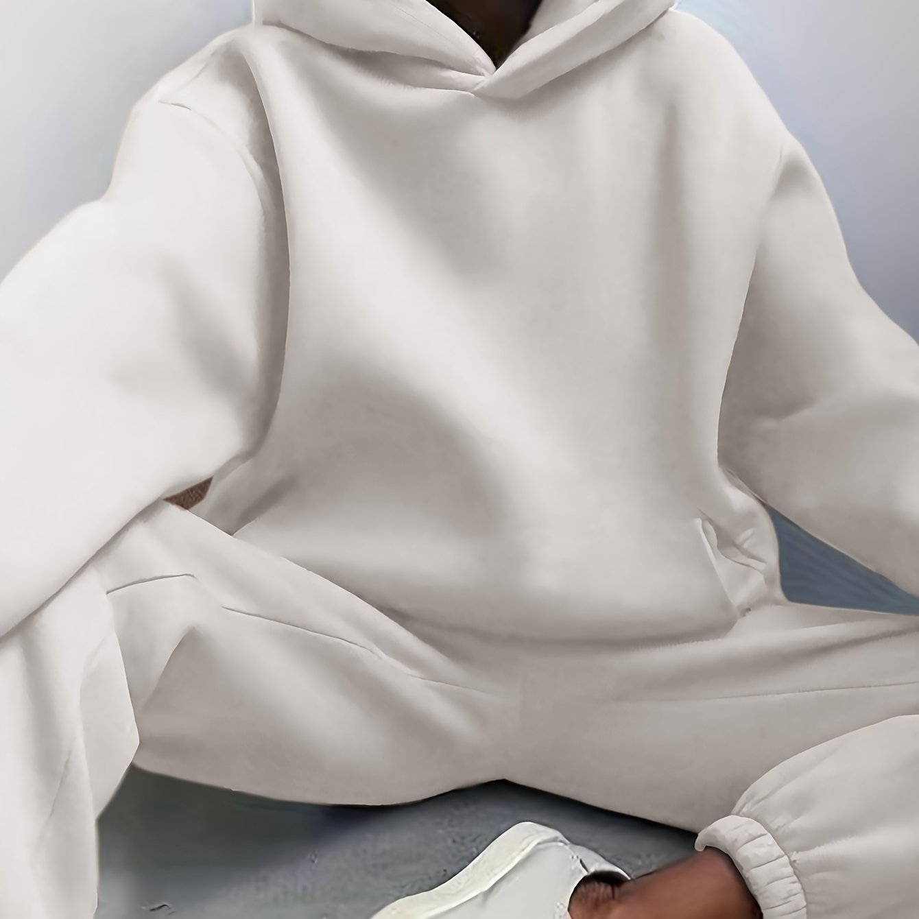 Antmvs Casual Solid Two-piece Set, Drop Shoulder Long Sleeve Hoodies & Elastic Waist Jogger Pants Outfits, Women's Clothing