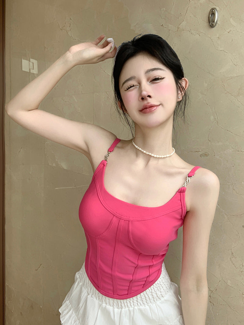 Antmvs Jania Solid Color Pink Silver Spaghetti Strap Slim Corset Top