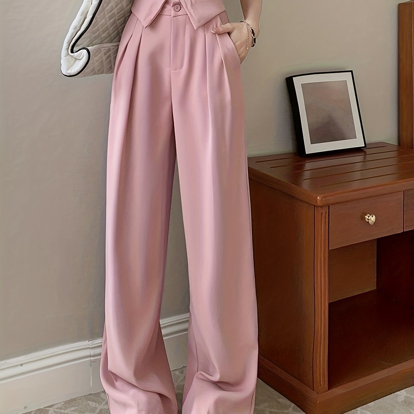Antmvs Button Front Straight Leg Pants, Casual Pleated Pocket High Waist Pants, Women's Clothing