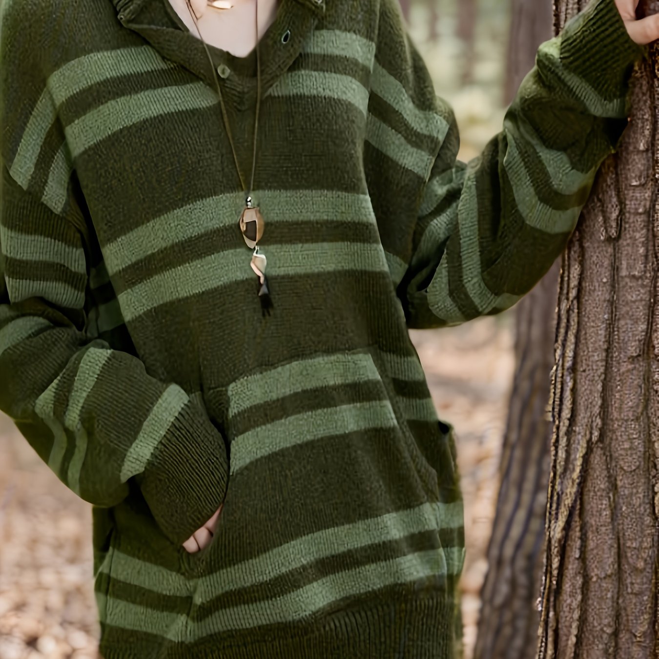 Antmvs Striped Drop Shoulder Knitted Hoodie, Casual Crew Neck Long Sleeve Pullover Hoodie, Women's Clothing