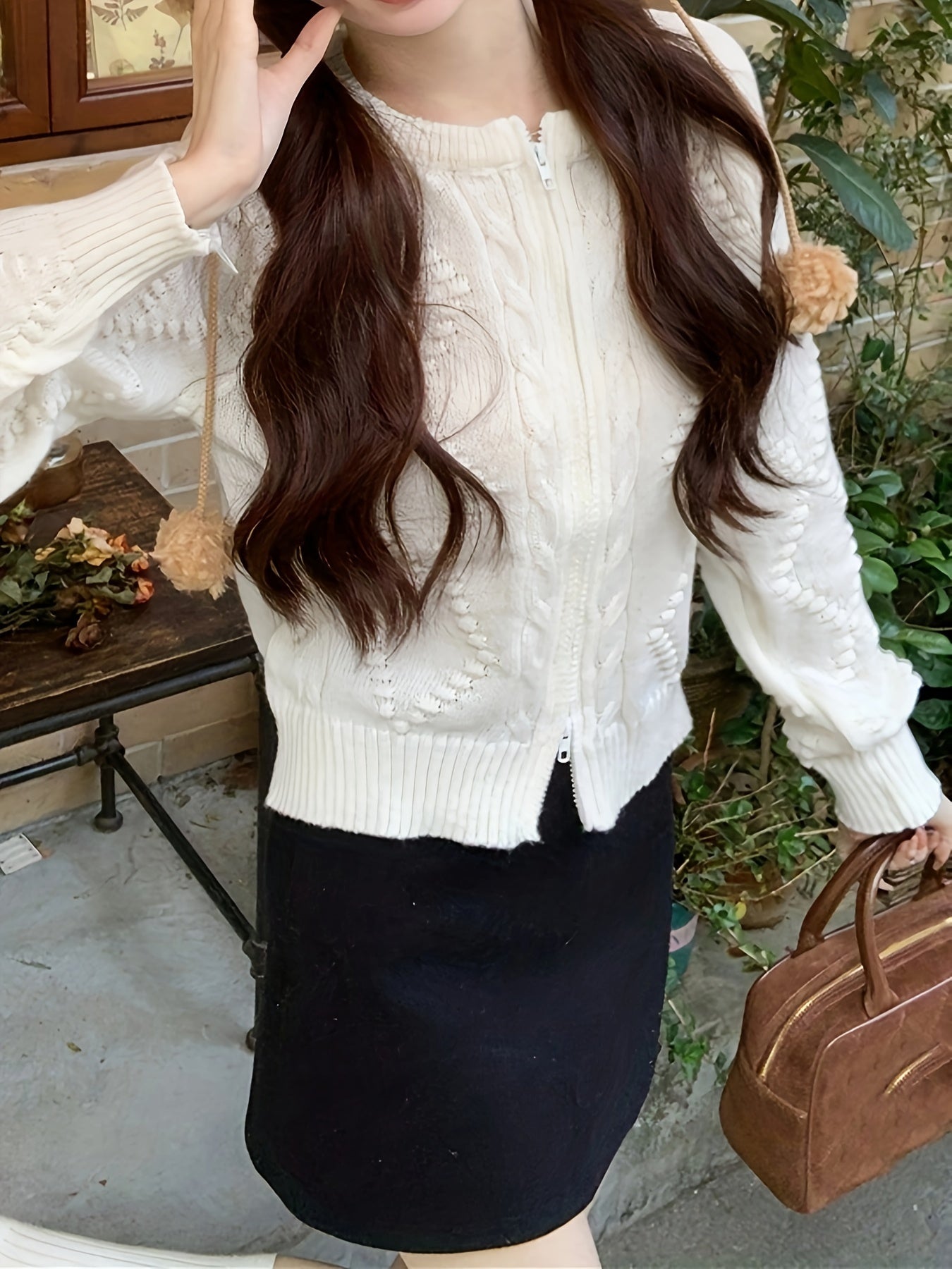 Antmvs Solid Zip Up Cable Knit Cardigan, Casual Long Sleeve Sweater For Spring & Fall, Women's Clothing