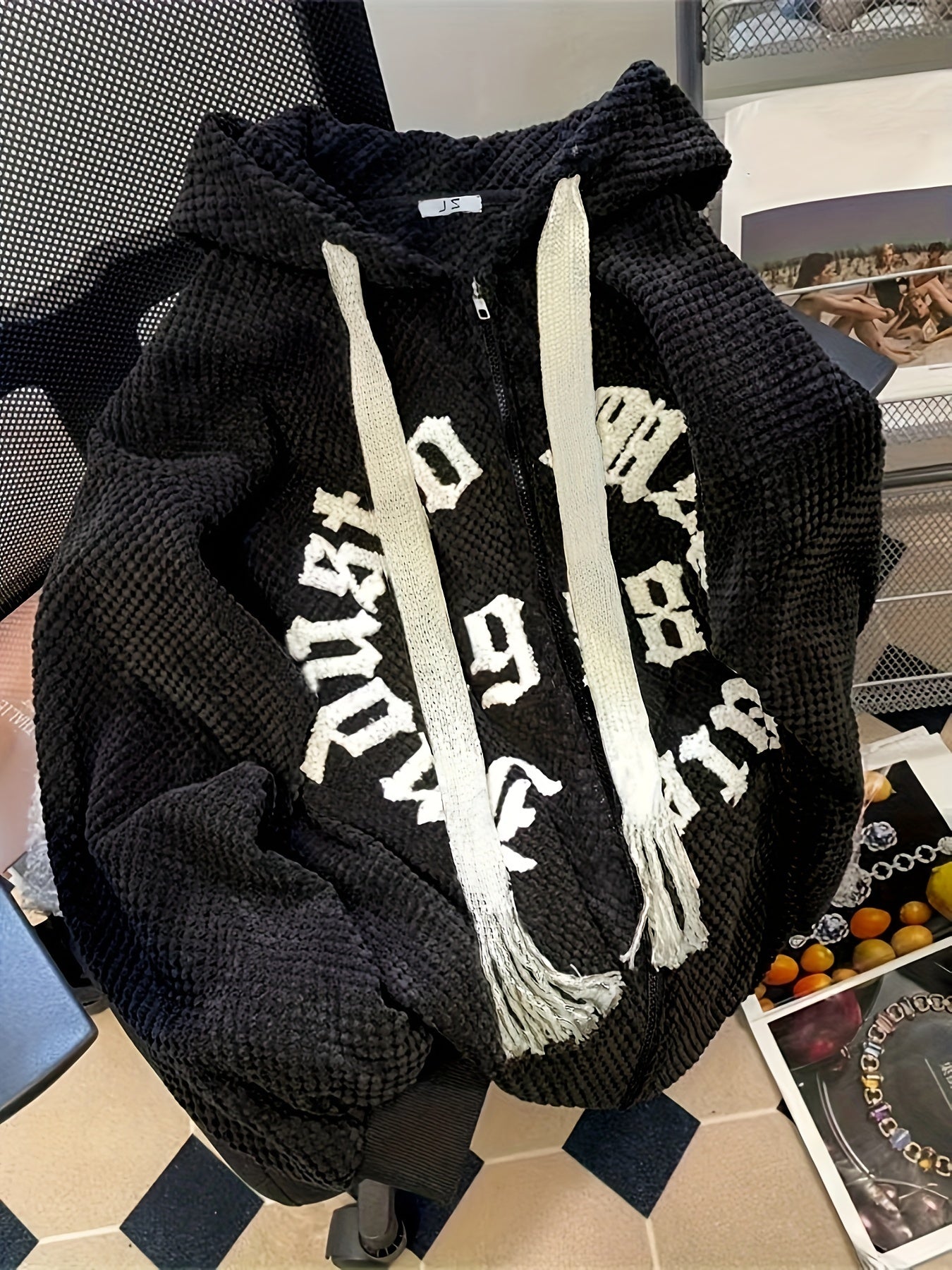 Antmvs Slogan Print Zip-up Textured Hoodie, Casual Long Sleeve Drawstring Hoodie Outerwear, Women's Clothing