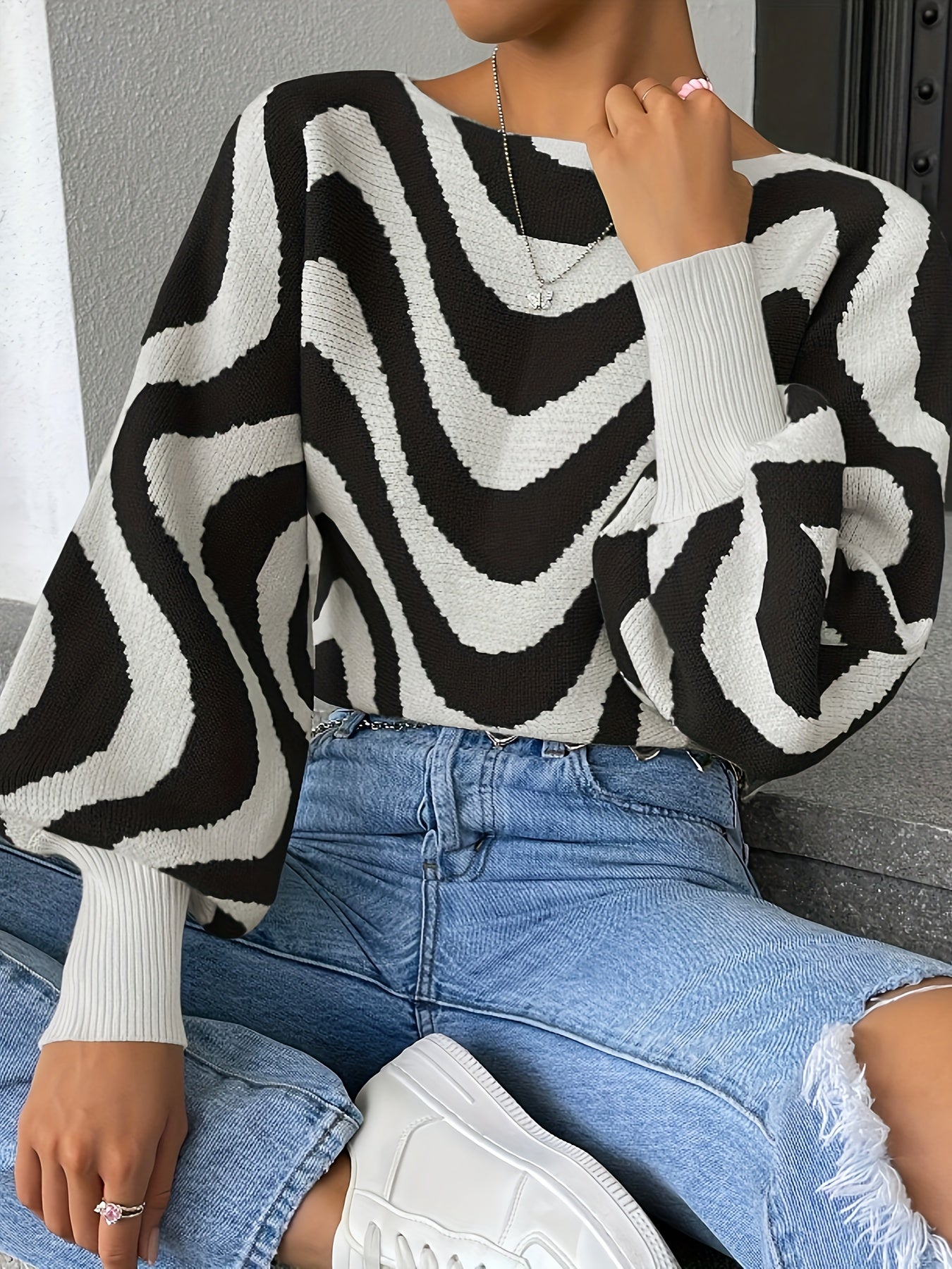 Antmvs Striped Boat Neck Pullover Sweater, Casual Lantern Sleeve Slim Sweater, Women's Clothing