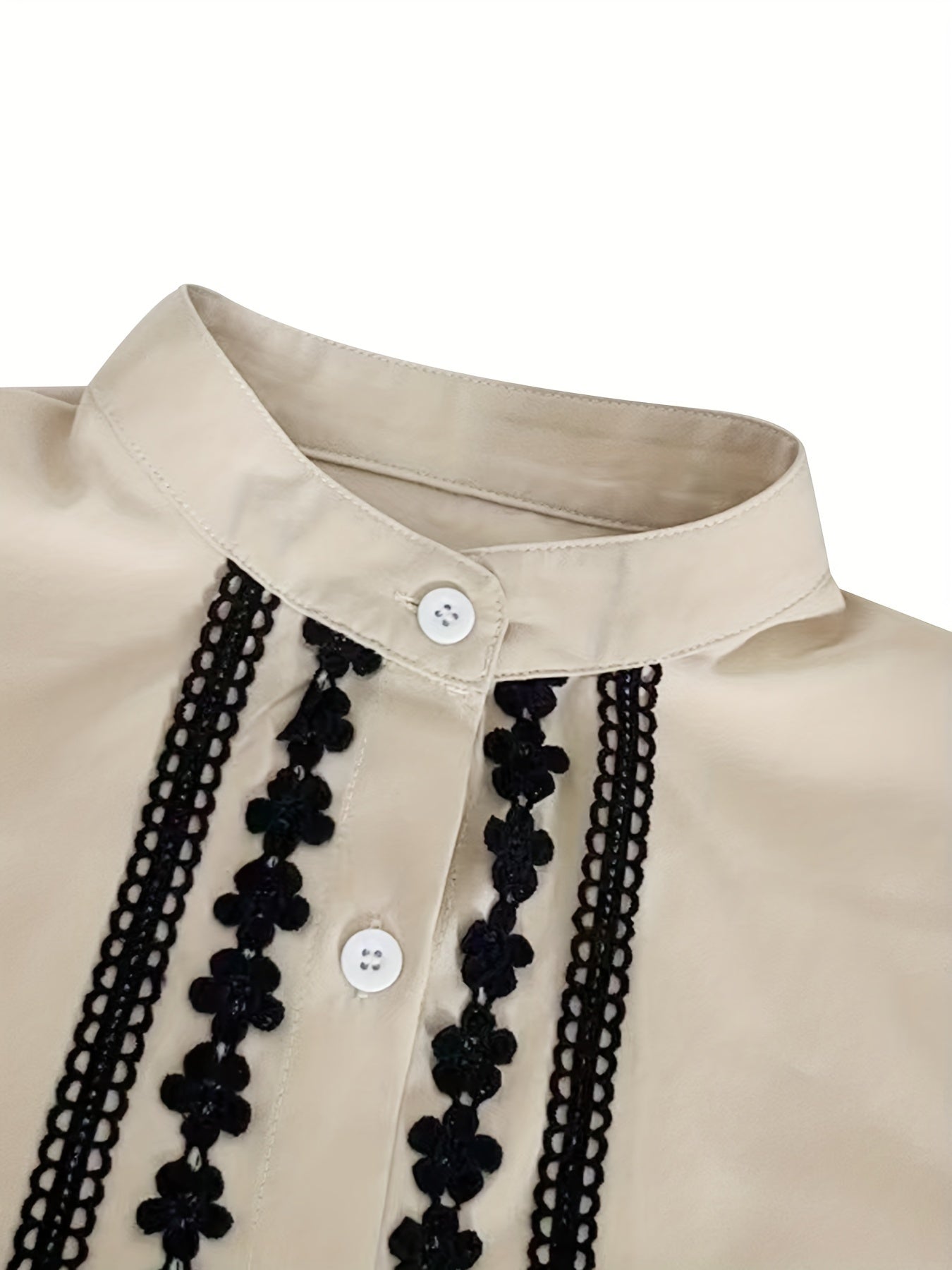Antmvs Lace Stitching Mock Neck Button Blouse, Elegant Long Sleeve Blouse For Spring & Fall, Women's Clothing