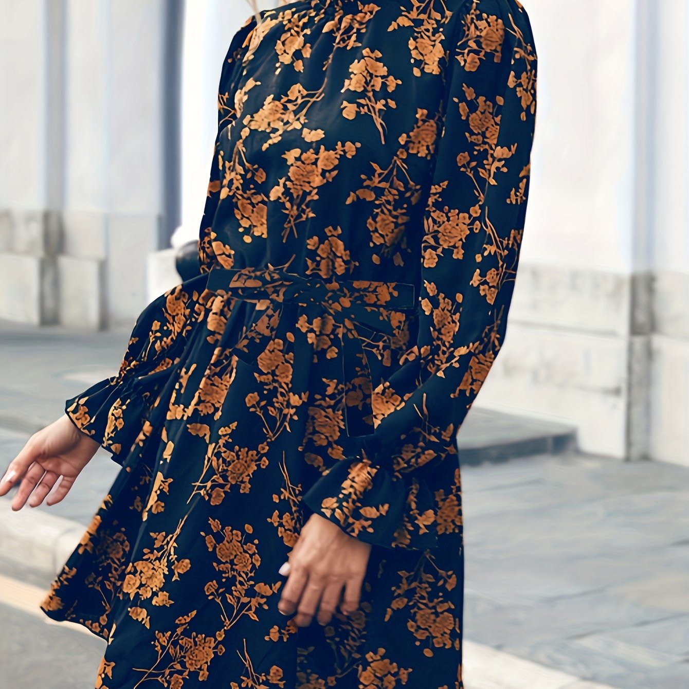 Antmvs Floral Print Lantern Sleeve Dress, Casual Shirred Mock Neck Tie-waist Dress, Women's Clothing