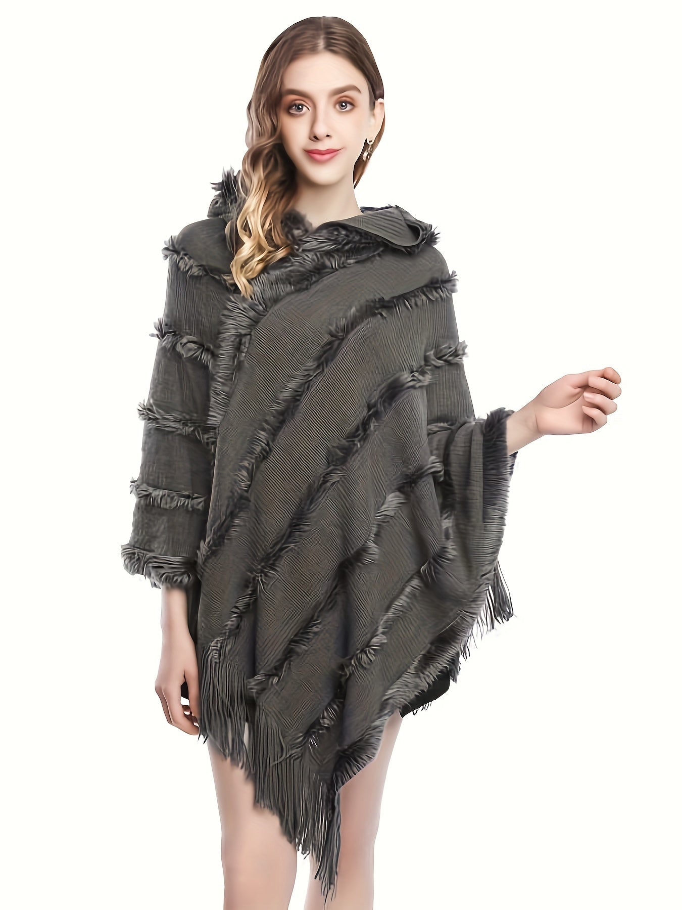 Antmvs Tassel Shawl Hooded Shawl Sweater, Vintage Solid Asymmetrical Hem Poncho Sweater, Women's Clothing