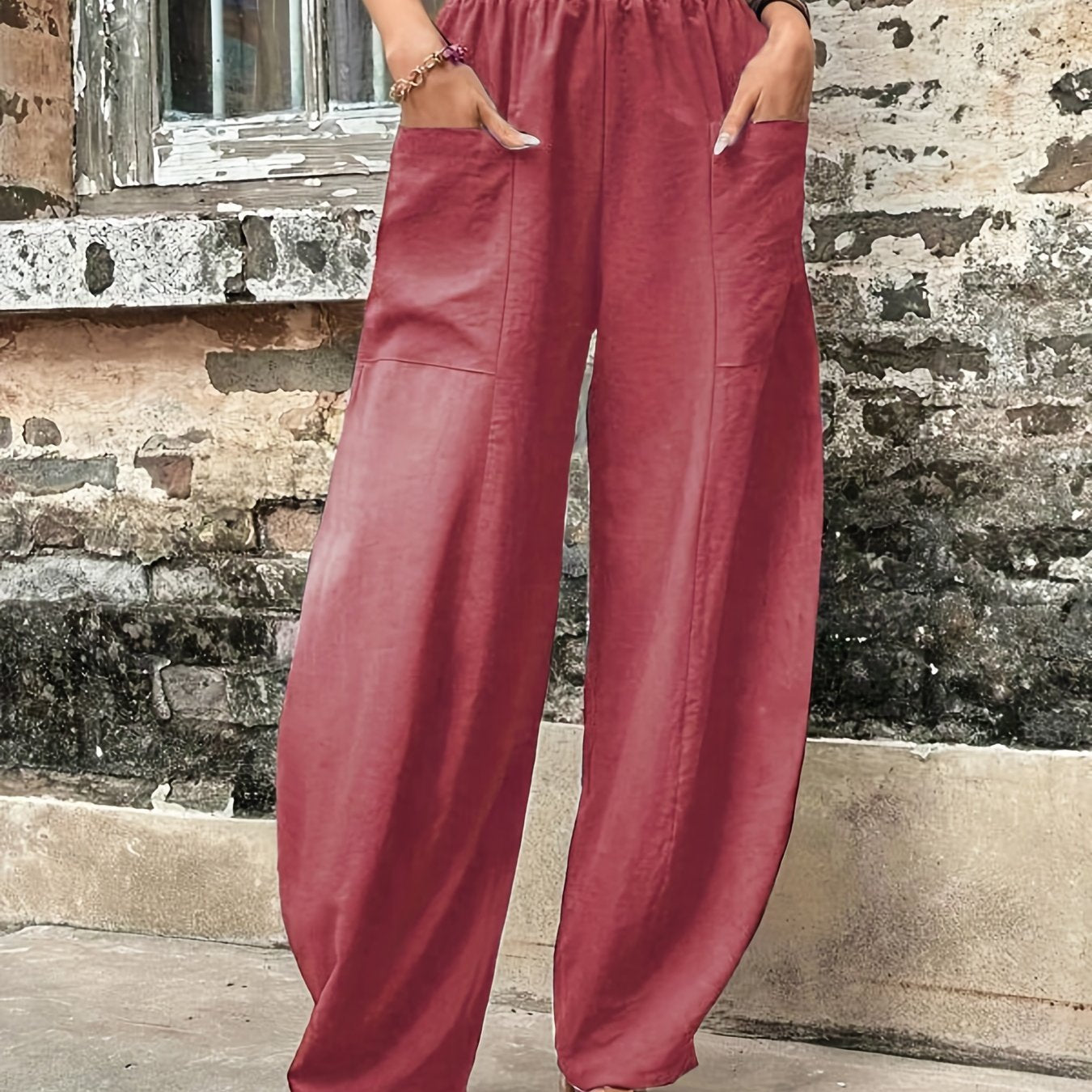 Antmvs Boho Solid Elastic Waist Harem Pants, Casual Long Length Baggy Pants With Pockets For Spring & Summer, Women's Clothing