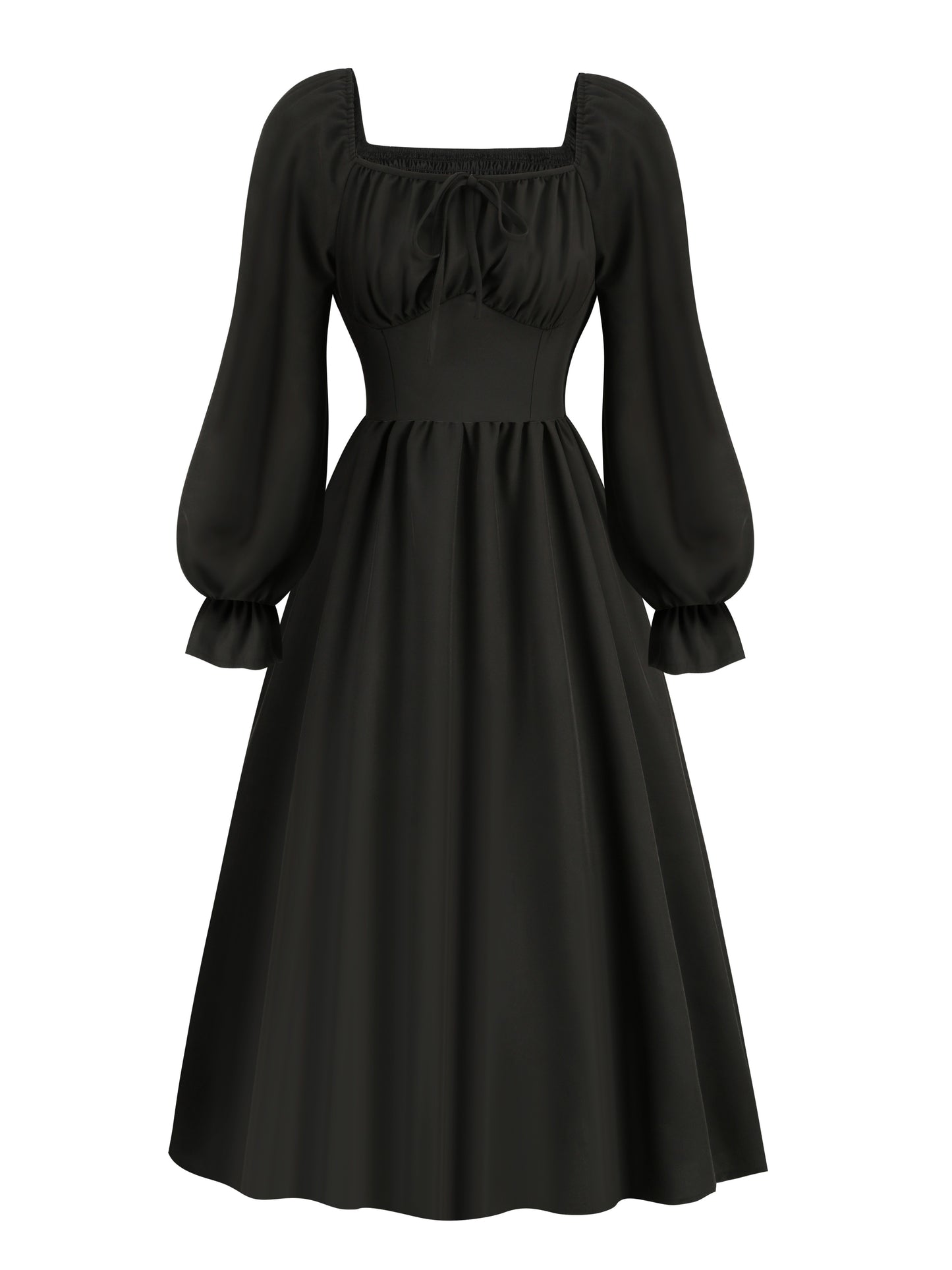 Antmvs Tie Front Lantern Long Sleeve Dress, Casual Solid Squared Neck Dress, Women's Clothing