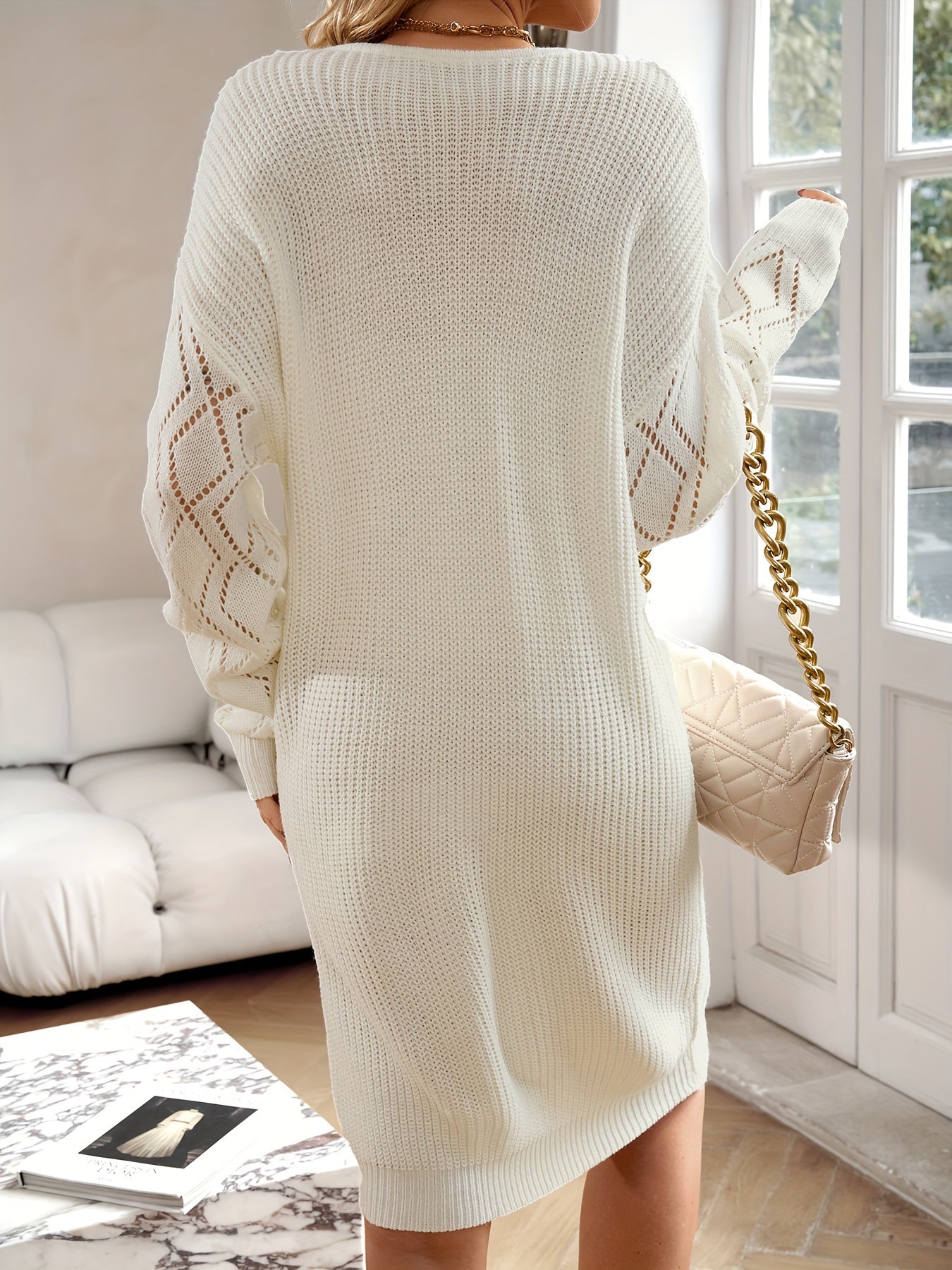 Antmvs Guipure Lace Pointelle Knit Dress, Elegant V-neck Drop Shoulder Dress, Women's Clothing