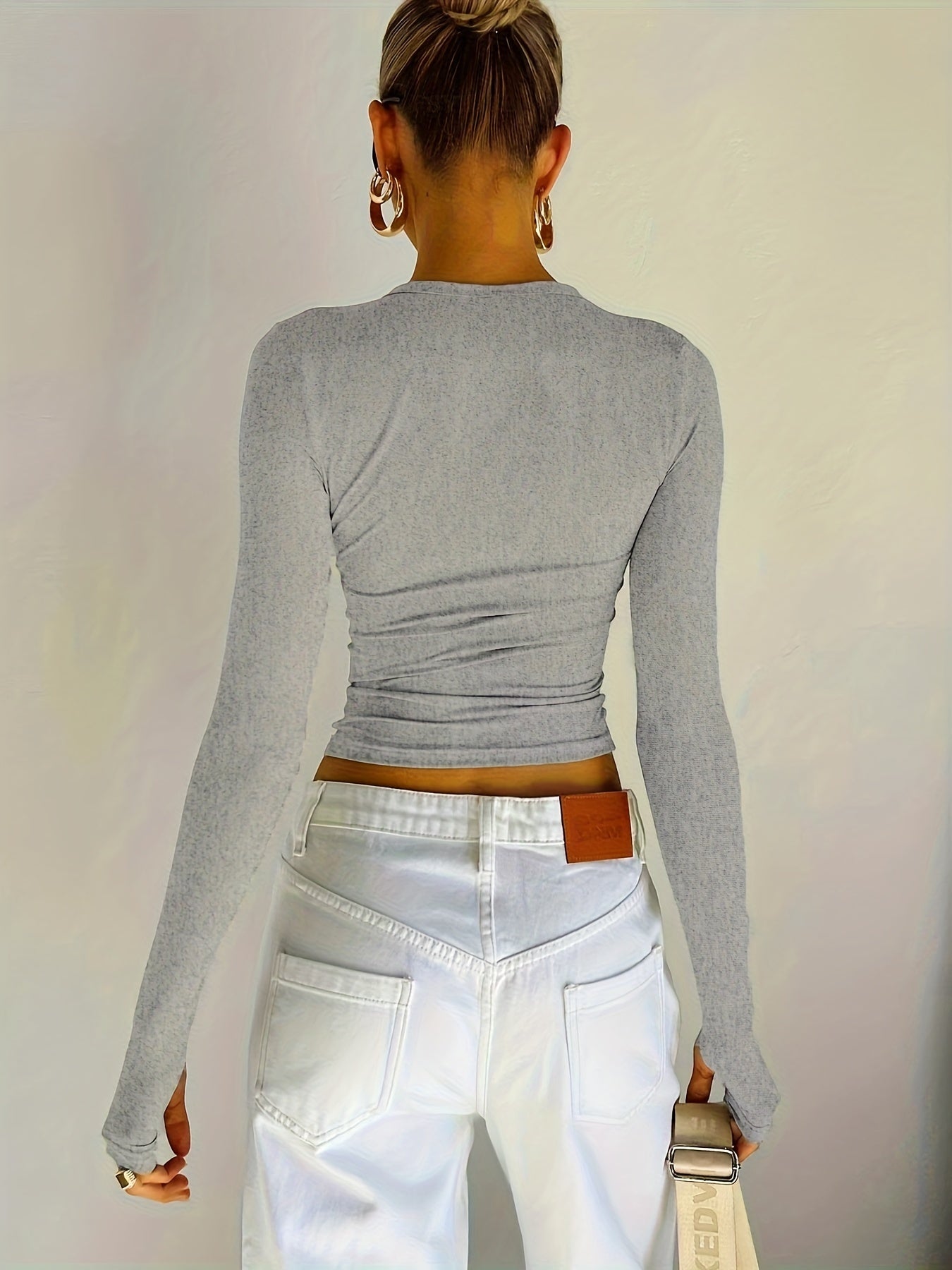 Antmvs Slim Solid Crew Neck T-Shirt, Y2K Long Sleeve T-Shirt For Spring & Fall, Women's Clothing