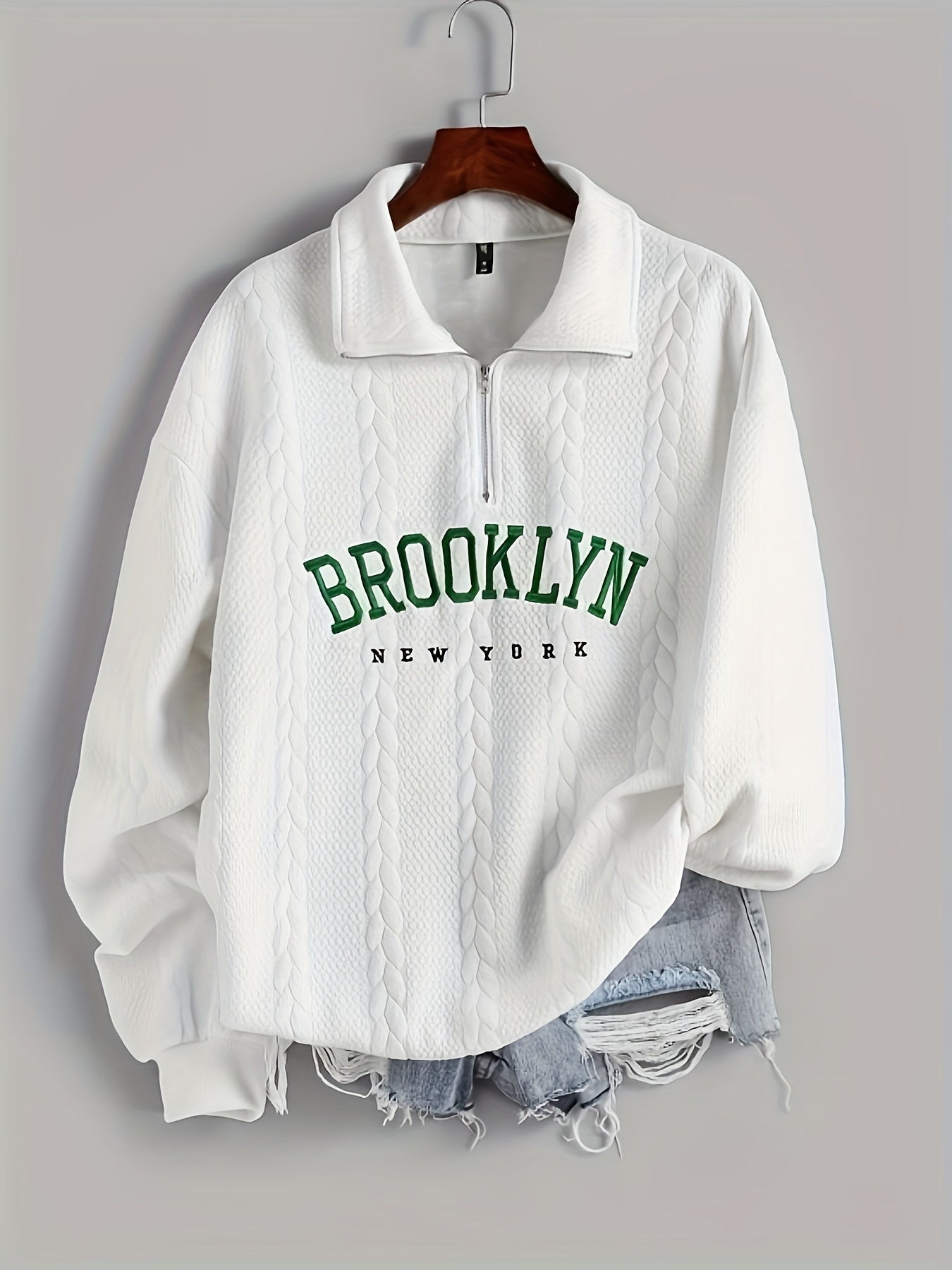 Antmvs Twist Cable Texture Letter Print Sweatshirt, Casual Long Sleeve Half Zip Lapel Sweatshirt For Fall & Winter, Women's Clothing
