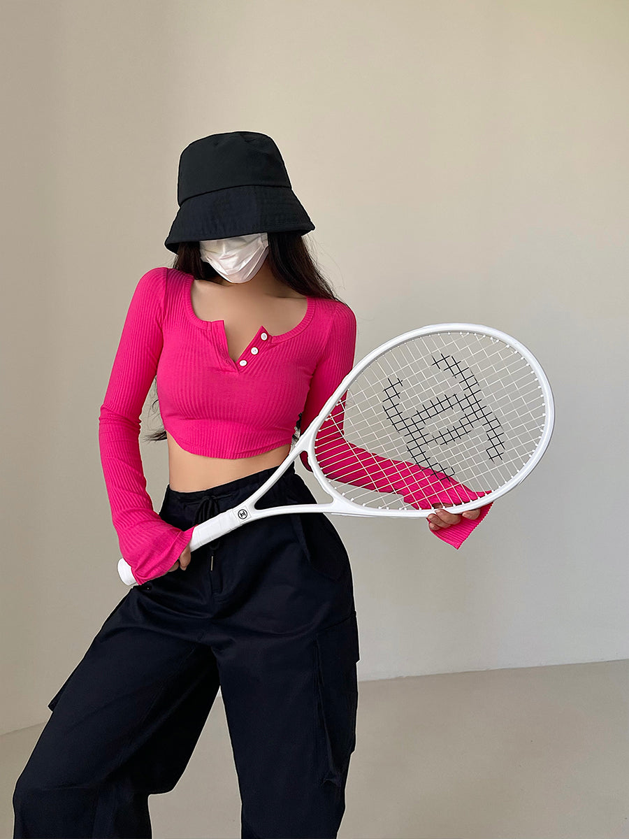 Antmvs Olivia Solid Color Button Up Long Sleeve Ribbed Slim Cropped Top