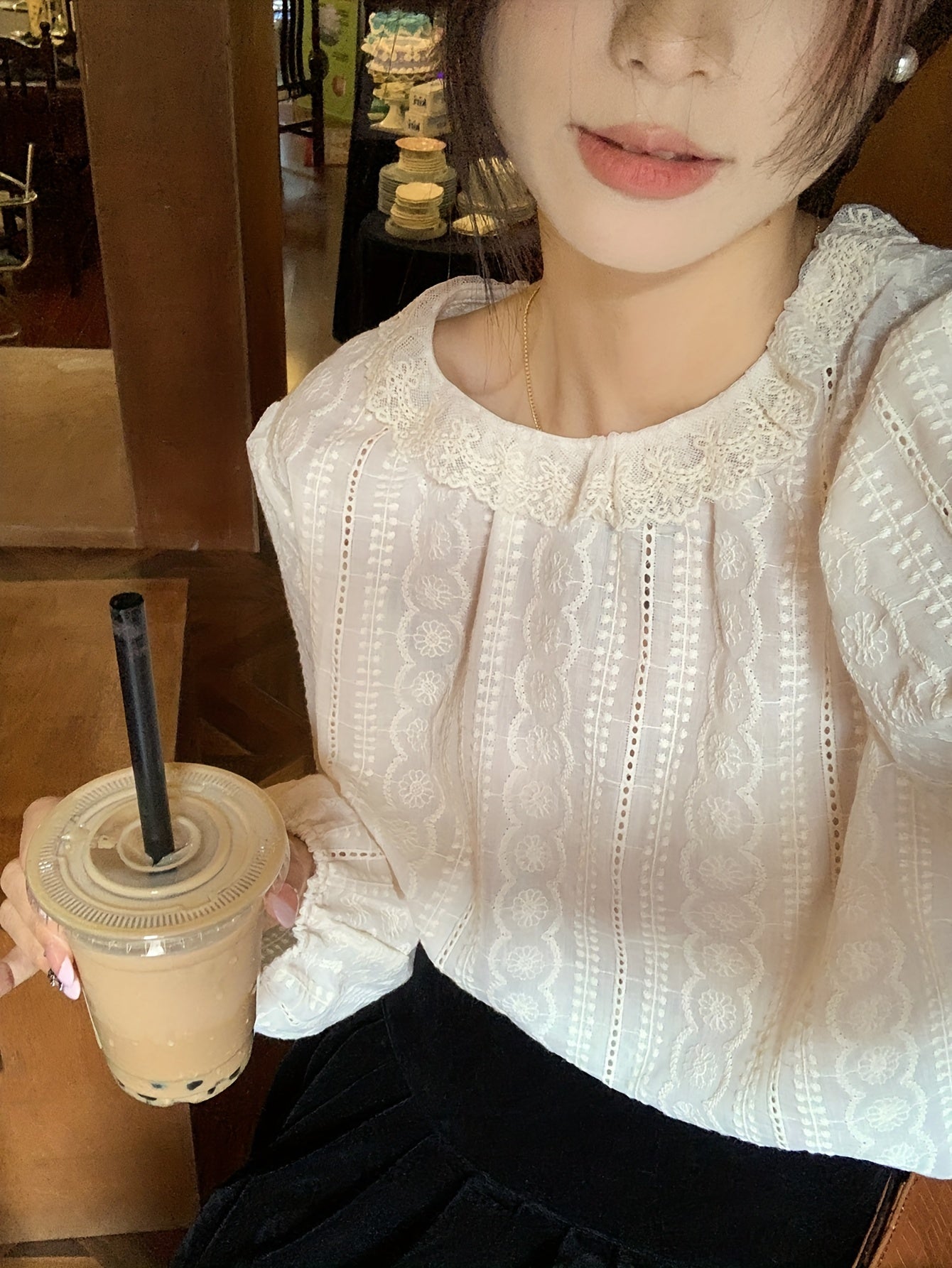 Antmvs Contrast Lace Solid Blouse, Casual Crew Neck Lantern Sleeve Blouse, Women's Clothing