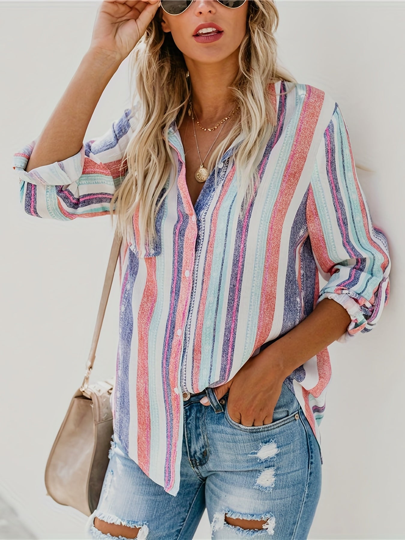 Antmvs Casual Striped Shirt, Button Up Top For Spring & Fall, Women's Clothing