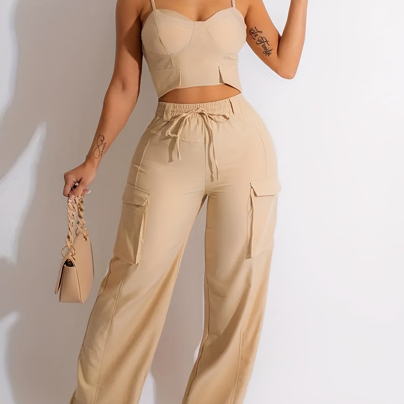 Antmvs Solid Casual Two-piece Set, Spaghetti Cropped Shirred Vest & High Waist Drawstring Pants Outfits, Women's Clothing