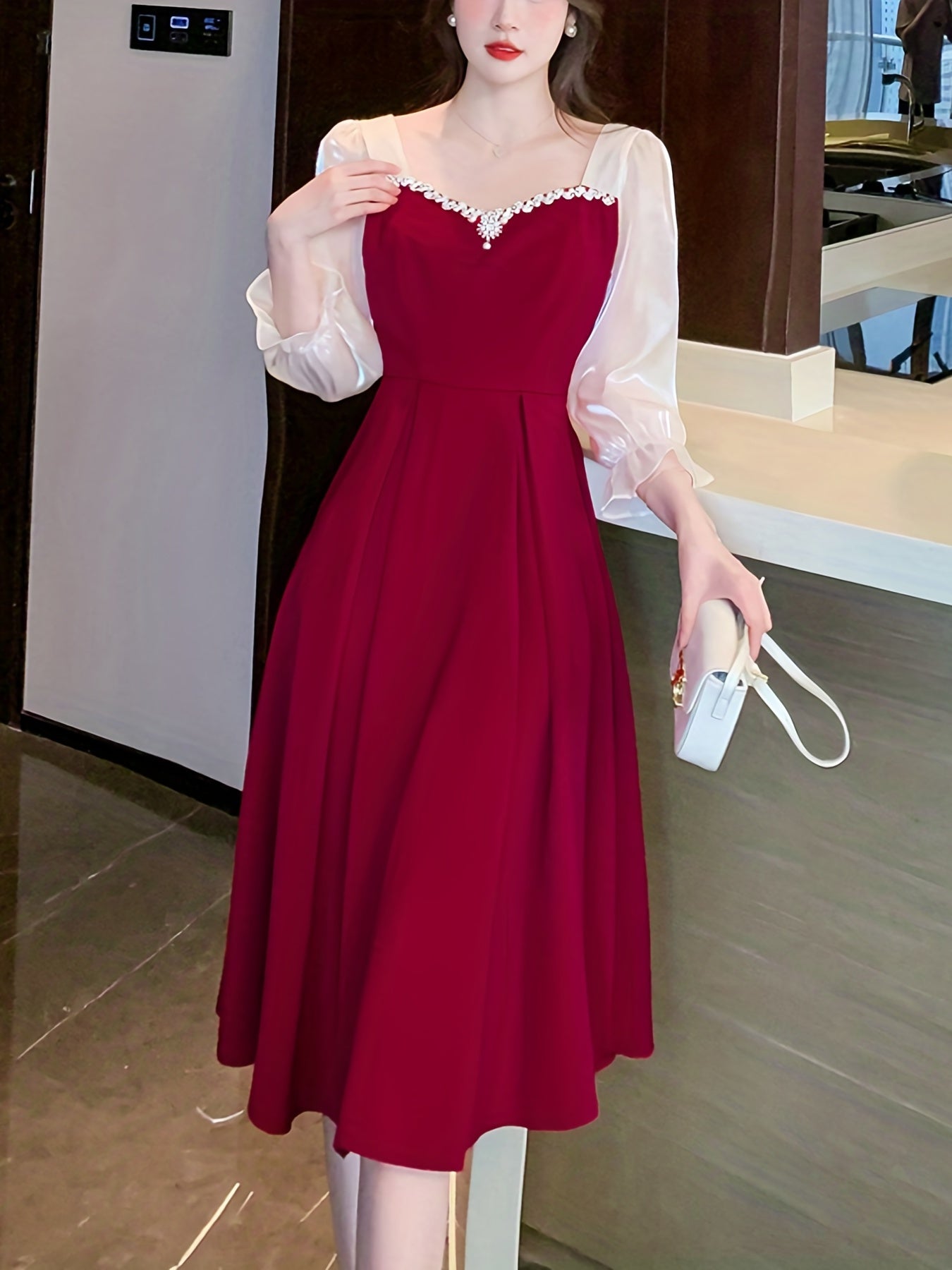 Antmvs Contrast Trim Mesh Lantern Sleeve Dress, Stylish A-line Flared Dress, Women's Clothing